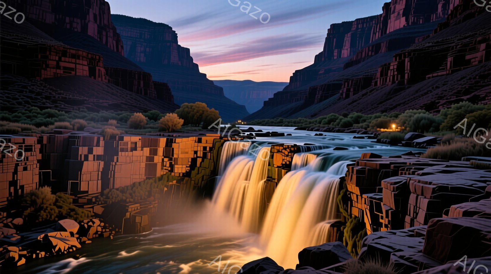 切り立った崖に囲まれた峡谷の中に滝が流れ落ちています。夕暮れ時の空はオレンジと紫のグラデーションで、滝とその周囲を温かい光で照らしています。水面は反射して輝き、崖の影と光が織りなすコントラストが印象的な風景を作り出しています。