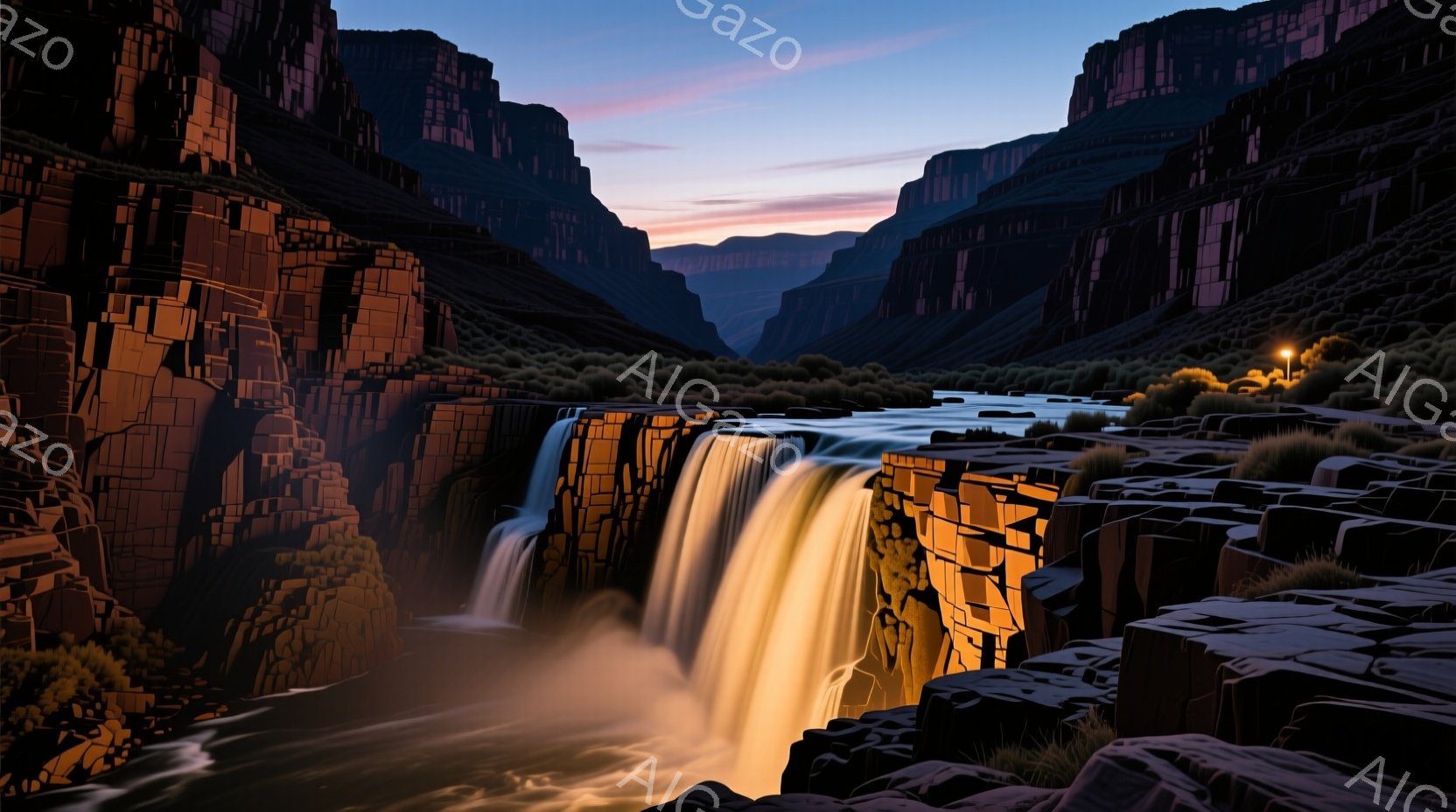 巨大な渓谷の中に、力強い滝が流れ落ちています。周囲は切り立った崖と濃い緑の植生で囲まれ、遠くには夕焼け空が広がっています。全体的に神秘的で壮大な自然の雰囲気が漂い、夕暮れ時の静寂と滝の轟音が想像されます。