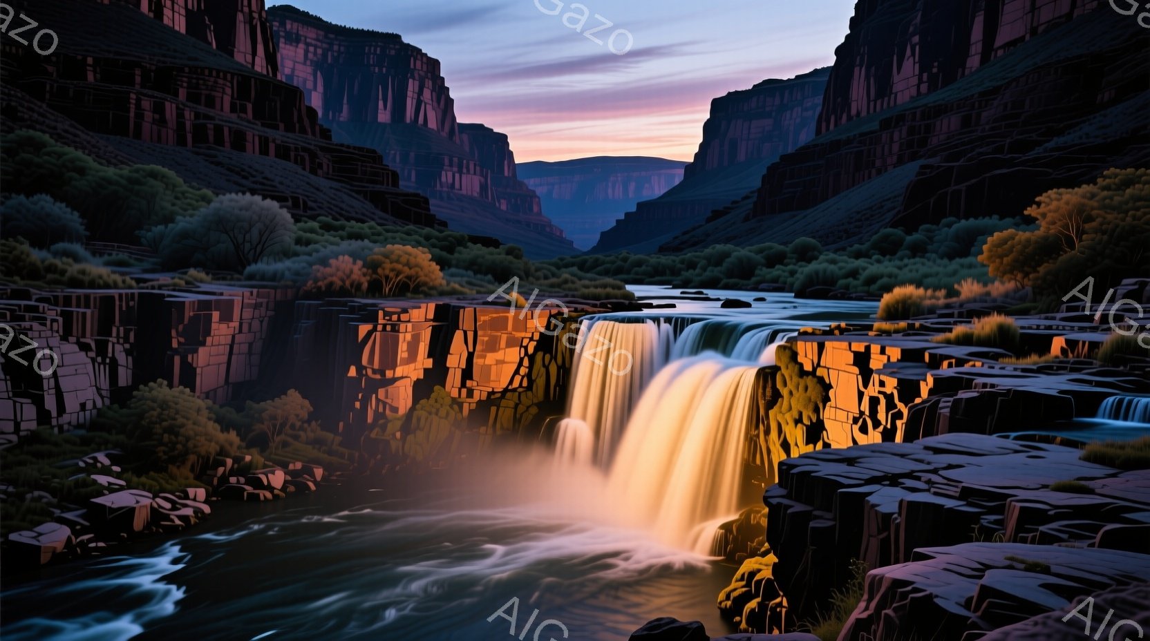 巨大な峡谷の中に滝が流れ落ちる風景です。岩肌は影で覆われ、滝の水しぶきが光を反射して輝いています。空は夕暮れ時で、オレンジと紫の色合いが峡谷全体をドラマチックに照らし出しています。