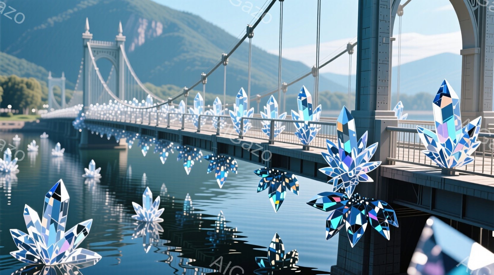 巨大なアーチ橋が穏やかな水面を跨いでいます。橋の周囲と水面には、青と紫の輝きを放つ結晶体が多数浮かんでおり、幻想的な雰囲気を醸し出しています。背景には緑豊かな山々が広がり、晴天の下、穏やかな自然の風景と人工的な建造物が調和した美しい光景です。