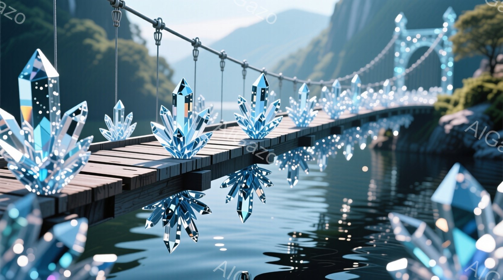古びた木製の吊り橋が、きらめく水晶の群れによって飾られている風景です。橋の下には穏やかな水面が広がり、背景には緑豊かな山々がそびえ立っています。全体的に幻想的で神秘的な雰囲気が漂い、まるで異世界への入り口のようです。