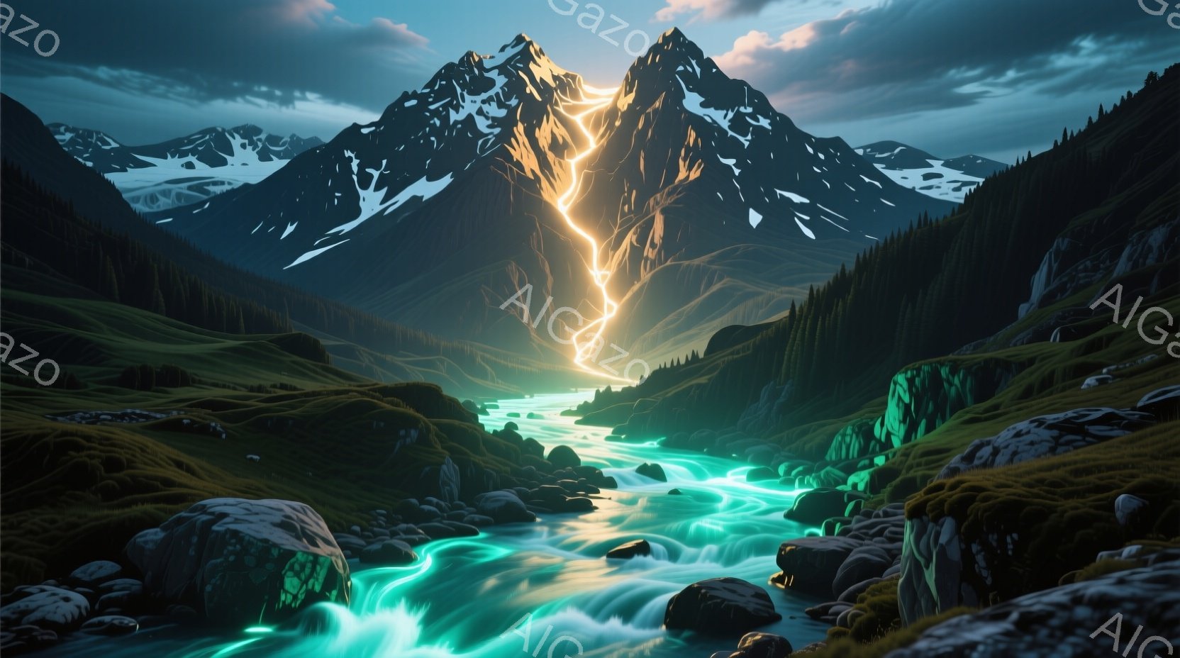 険しい山々に囲まれた渓谷を、ターコイズブルーの急流が流れ下っている風景だ。山頂から伸びる稲妻のような光が、谷全体を神秘的な光で満たし、周囲の緑豊かな植物と対照的だ。全体的に、壮大で畏敬の念を抱かせる自然の力強さを感じさせる、幻想的な雰囲気である。