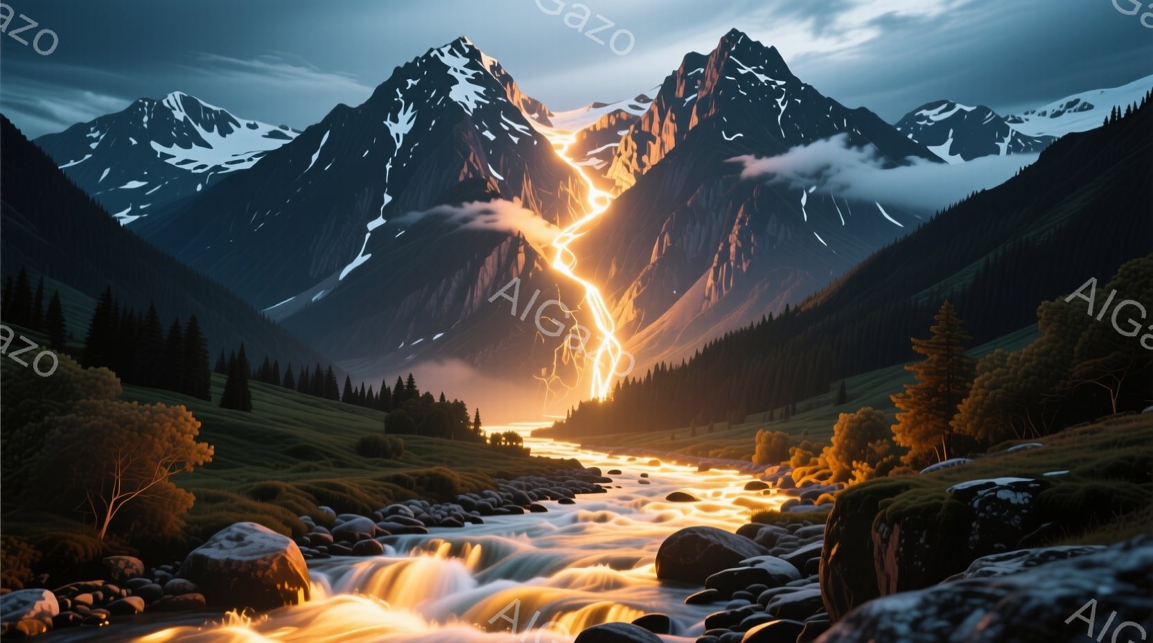 険しい山々に囲まれた渓谷を、黄金色に輝く急流が流れ落ちている風景だ。稲妻が山々の頂上を切り裂き、その光が川面を照らし出し、壮大な自然の力強さを感じさせる。周囲には緑豊かな森林が広がり、光と影のコントラストがドラマチックな雰囲気を生み出している。