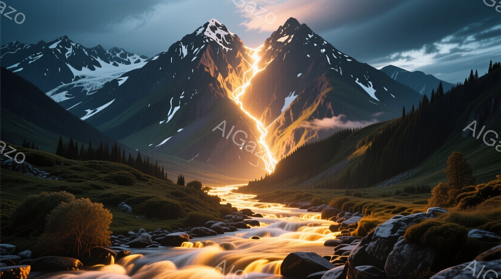 険しい山々がそびえ立ち、山頂付近には稲妻が走っている風景です。眼下には、岩石と緑に覆われた渓谷を流れ下る力強い滝が輝き、周囲の木々を照らしています。全体として、力強く、ドラマチックで、神秘的な雰囲気を醸し出しています。