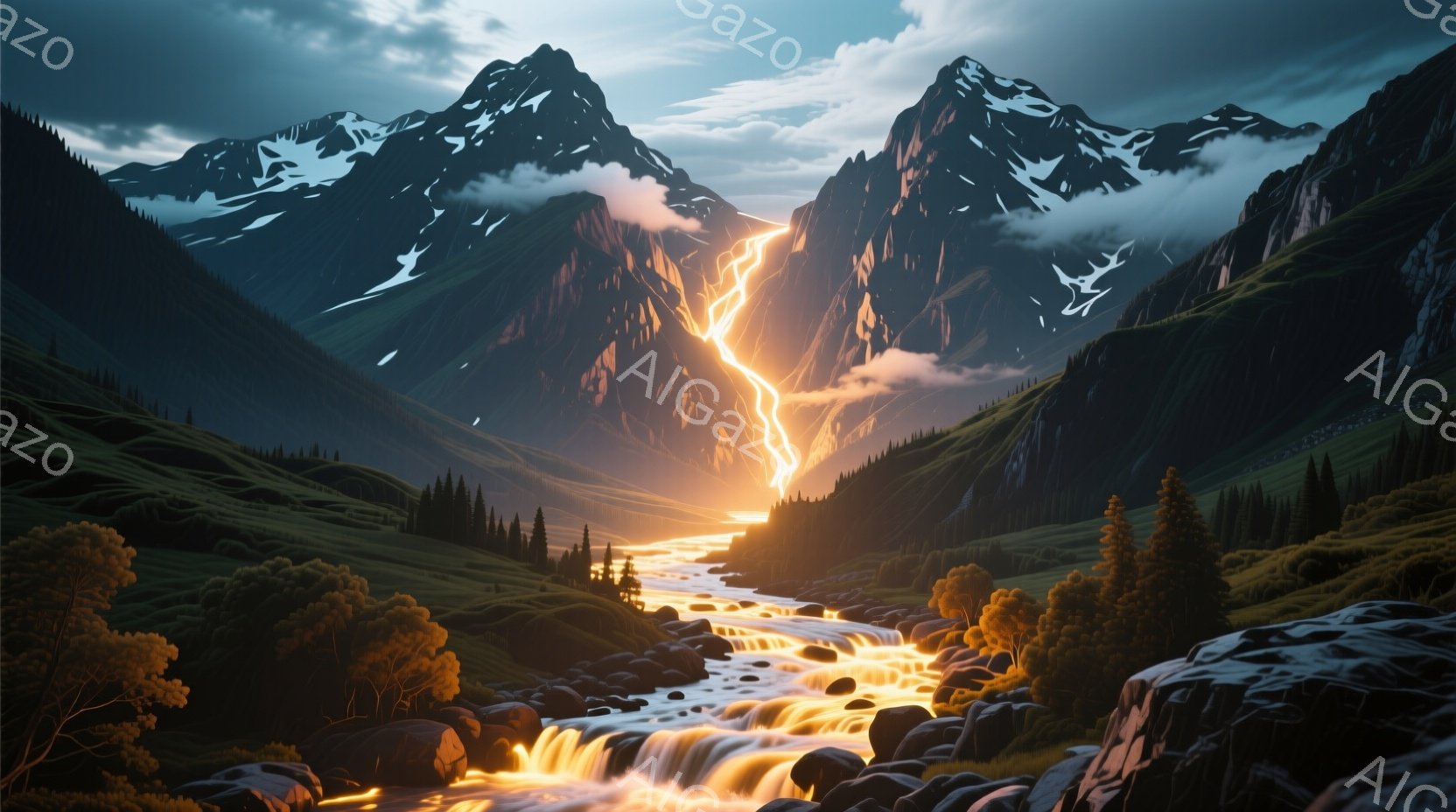 険しい山々に囲まれた谷間に、激しい水流が流れ落ちる様子が描かれている。雷光が山頂から差し込み、水面を照らし出し、その光景は力強く、神秘的な雰囲気を醸し出している。周囲には緑豊かな植生が広がり、自然の雄大さと雷のエネルギーが融合した壮大な風景である。