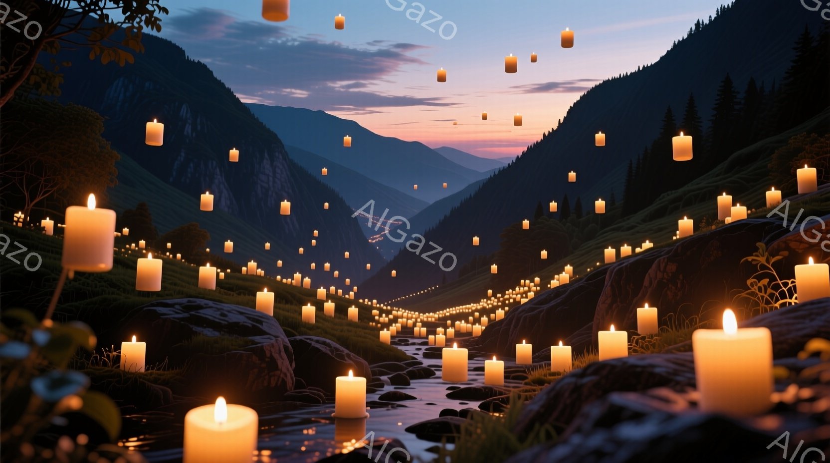 谷間を流れる小川に無数の蝋燭が並び、幻想的な光景が広がっている。周囲には岩肌がむき出しになった険しい山々がそびえ立ち、夕焼け空がその輪郭を茜色に染め上げている。蝋燭の灯りと山々のシルエットが織りなすコントラストは、静寂の中にもどこか神聖な雰囲気を漂わせている。