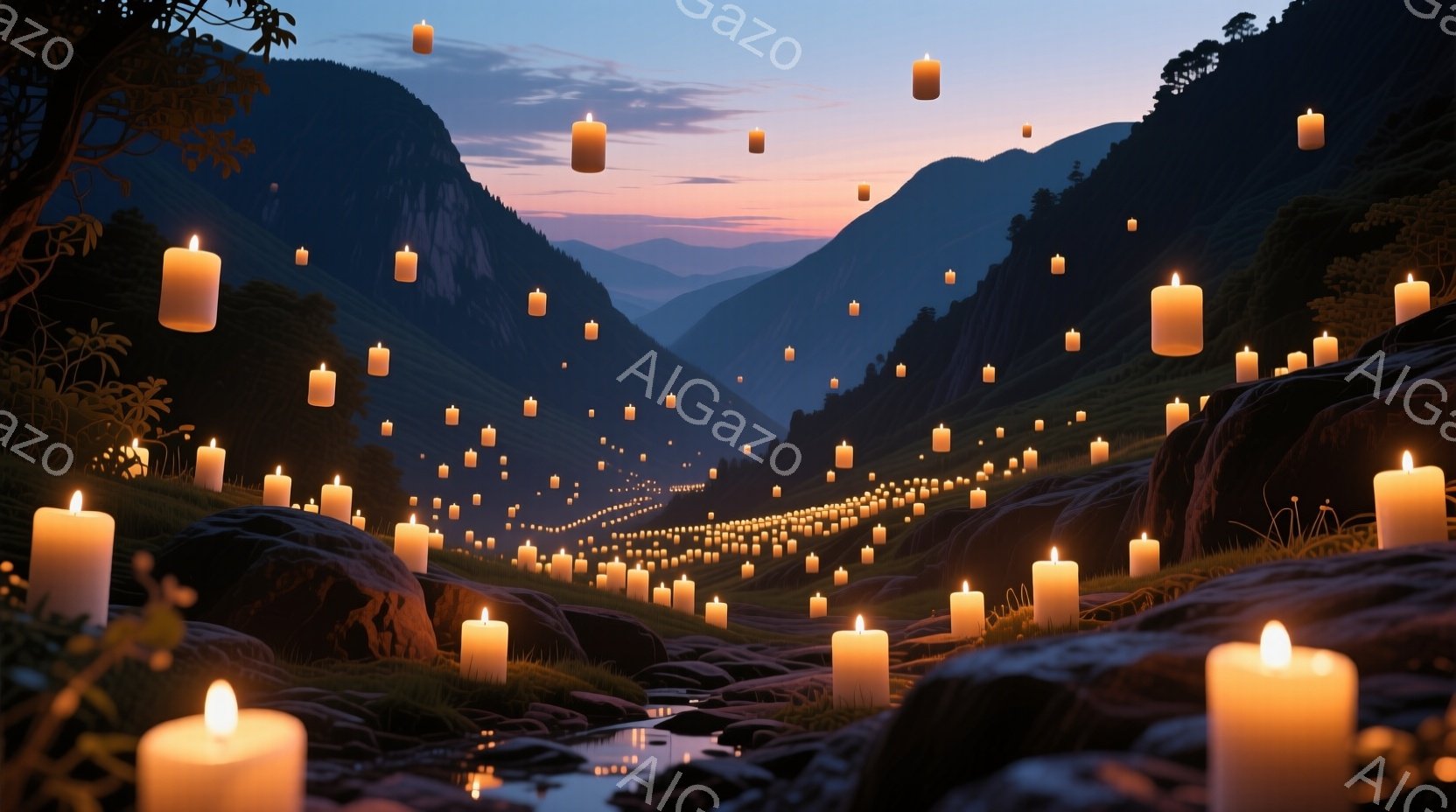 谷間を無数のロウソクが漂い、幻想的な光景が広がっている。谷底には水が流れ、周囲には岩が点在し、深い緑と暗い影が印象的だ。全体的に静寂で神秘的な雰囲気が漂い、まるで別世界に迷い込んだような感覚を覚える。