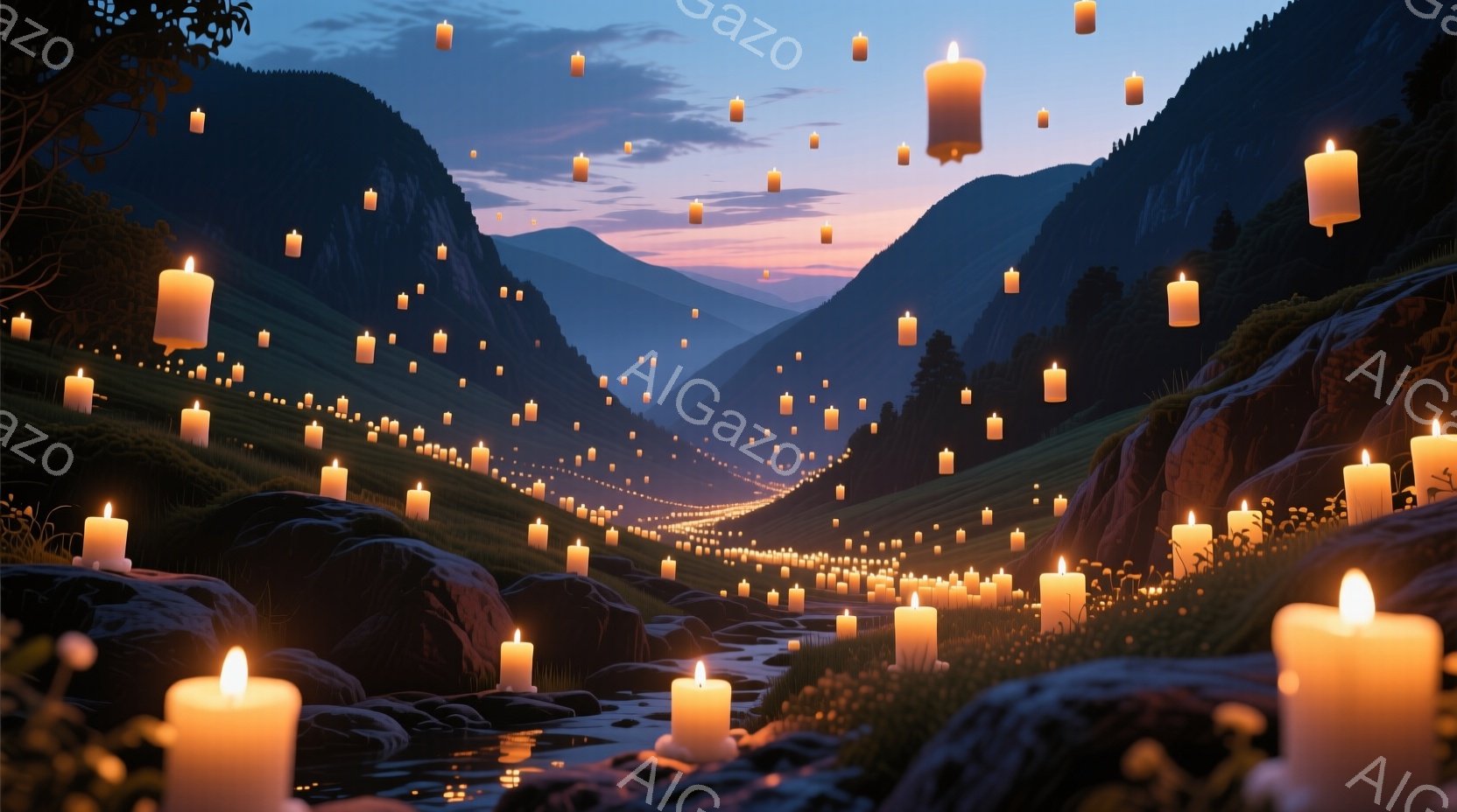 谷間を無数の蝋燭が漂う幻想的な光景が描かれている。両側を険しい山々が囲み、中央を緩やかな小川が流れている中で、夕焼け空の下、蝋燭たちはまるで星屑のように輝き、静謐で神秘的な雰囲気を醸し出している。自然の緑と暖かな光が混ざり合い、まるで別世界へと誘うような、穏やかで美しい情景である。