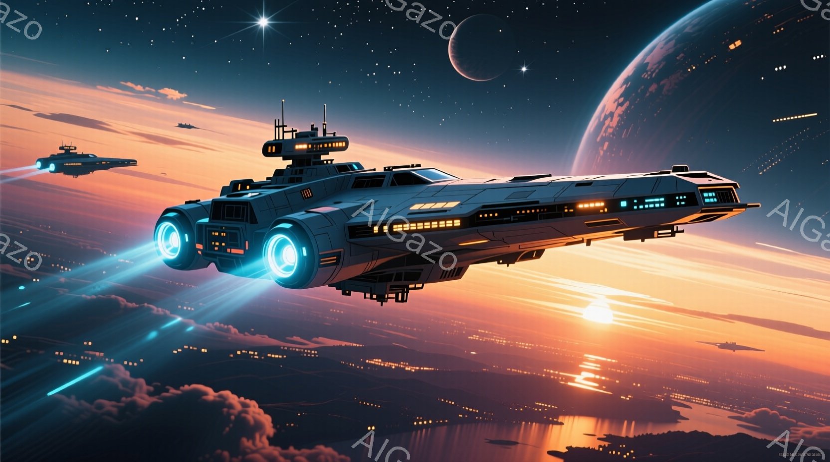 鮮やかなオレンジと紫色の夕焼け空を背景に、未来的な宇宙船が飛行している様子が描かれている。宇宙船は複雑な構造を持ち、青い光を放つエンジンを搭載し、他の小型船が遠くに確認できる。水面には光の反射が見られ、まるで海の上を飛んでいるかのような幻想的な雰囲気を醸し出している。