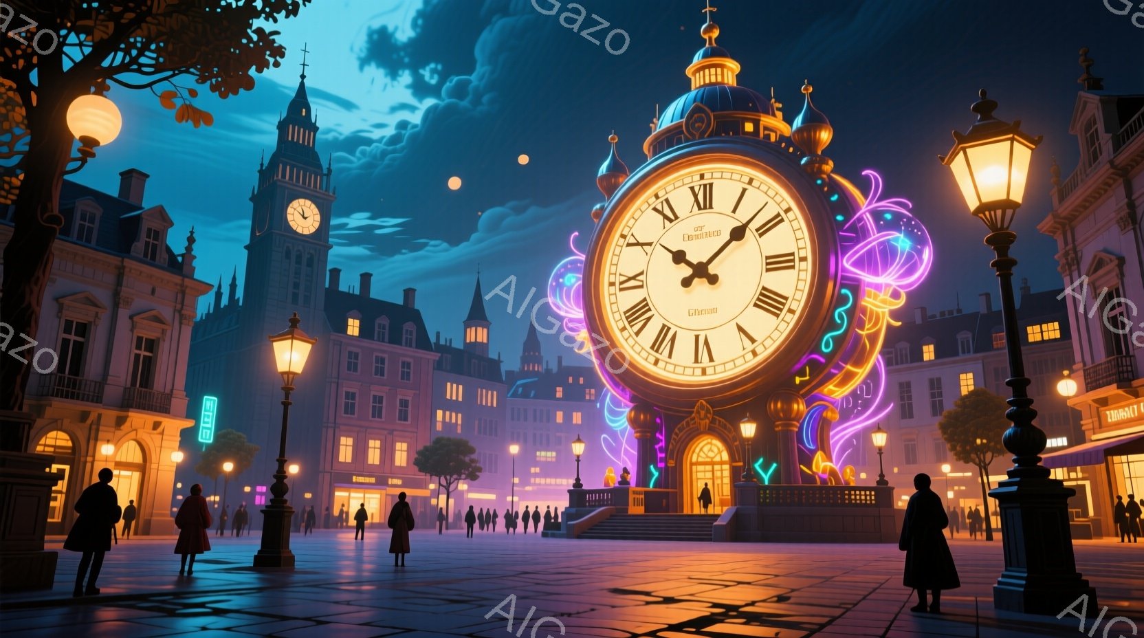 広場には、ネオンライトで飾られた壮大な時計台がそびえ立ち、周囲の建物は古典的なヨーロッパ様式で統一されています。人々はコートやジャケットを着ており、夜の散歩を楽しむように見え、顔の表情ははっきりとは読み取れません。空は暗く、雲が浮かび、街灯が広場を暖かく照らし、幻想的な雰囲気を醸し出しています。