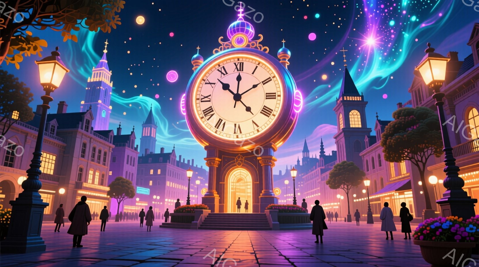 街の中心に壮大な時計台がそびえ立ち、その周りにはヨーロッパ風の建物が整然と並んでいる。人々はフォーマルな服装で、ゆったりとしたポーズで散歩を楽しんでいるようで、背景には紫色とピンクがかった幻想的な夜空が広がり、全体的に夢幻的な雰囲気を醸し出している。時計台の周りの花壇や街灯が、この幻想的な風景に彩りを添えている。