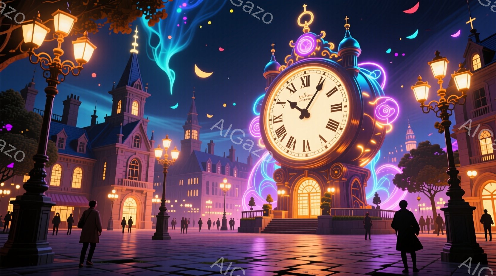 夜の街並みが広がり、中央には華やかな装飾が施された時計台がそびえ立っている。人々はコートを着て歩いており、顔ははっきりと見えないが、ゆったりとした姿勢から落ち着いた雰囲気が伝わってくる。建物は歴史的な様式で、街灯が暖かく光を灯し、空には幻想的な光の筋が流れ、まるで夢の中にいるような雰囲気を醸し出している。