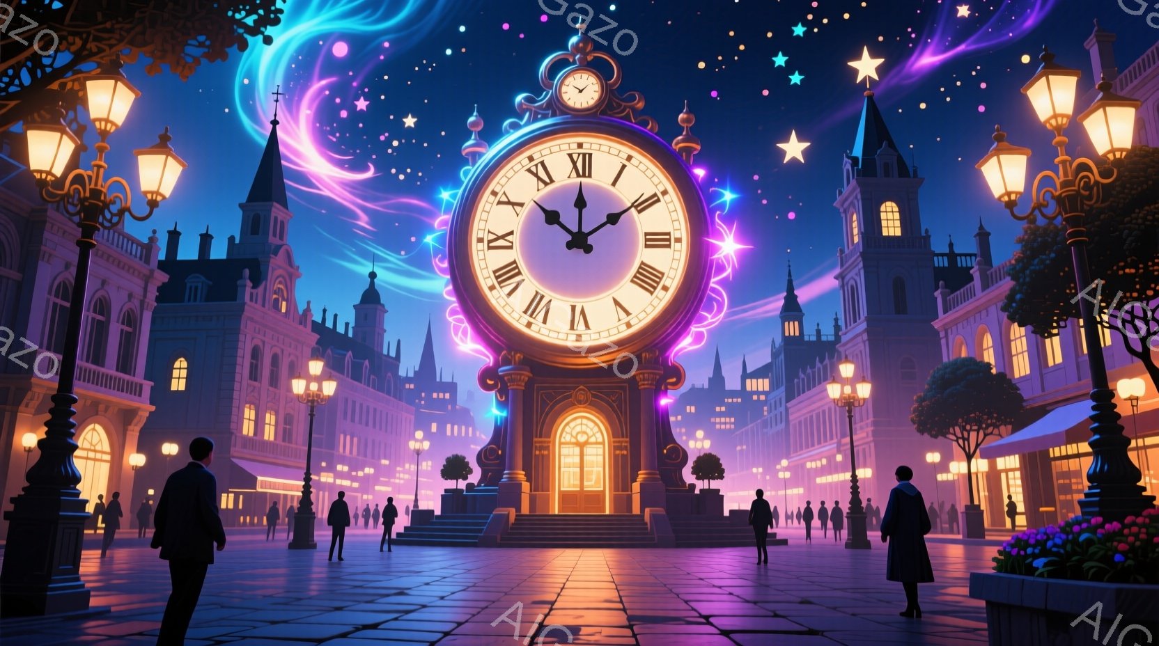 夜の街並みが広がり、中央には壮大な時計台がそびえ立っている。人々は黒いコートを着て、時計台の方を眺めているか、歩いているかのどちらかである。背景には、ライトアップされた建物が立ち並び、夜空には星屑のような光が舞い、幻想的な雰囲気を醸し出している。