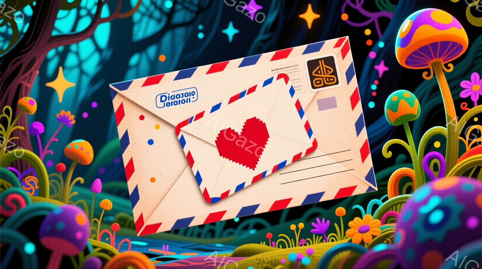 鮮やかな色彩のキノコが背景に広がり、まるで夢の中のような幻想的な光景が広がっています。手前に置かれた赤い封筒は、ハート型の切手が貼られ、可愛らしい印象を与えます。全体的に遊び心があり、少しサイケデリックな雰囲気で、見る人を明るい気持ちにさせるイラストです。