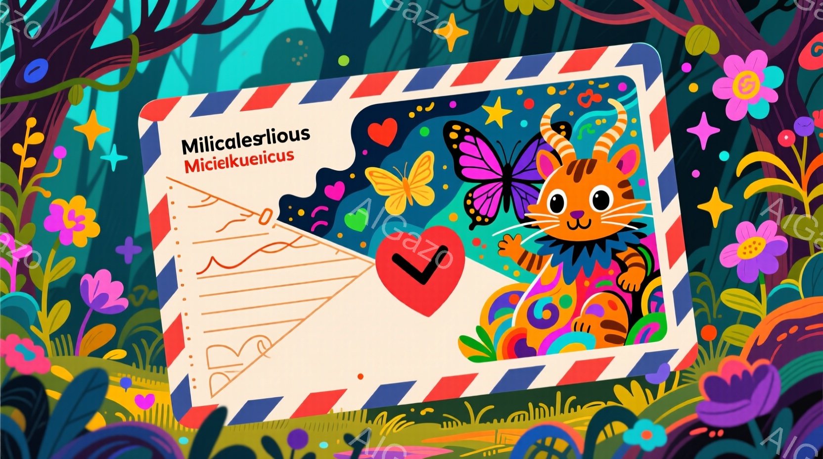 明るい色調のイラストで、手紙の形をした背景に、オレンジ色の角を持つウサギが描かれています。ウサギは笑顔で、蝶と渦巻く茎の植物に囲まれており、全体的に陽気で楽しい雰囲気が漂っています。背景には、花や葉っぱなどの自然の要素が彩り豊かに配置されています。