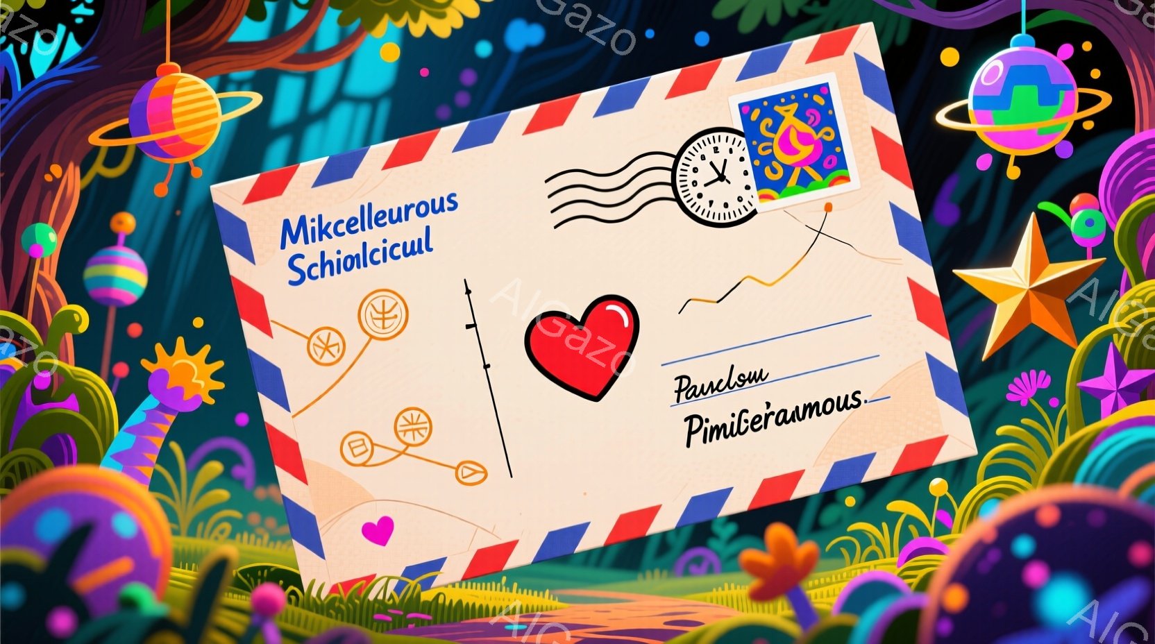 明るいピンク色の手紙が、ファンタジーな風景の中に浮かんでいます。手紙にはハートとスタンプが描かれ、背景には色とりどりの星、惑星、奇妙な植物が描かれています。全体的に夢幻的で遊び心に満ちた雰囲気です。