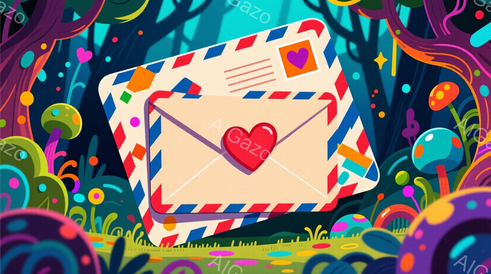 鮮やかな色彩で彩られたファンタジーな風景の中に、大きな赤いハートが描かれた手紙が中央に浮かび上がっています。背景には、様々な色合いのキノコや植物が生い茂り、まるで夢の中のような幻想的な雰囲気を醸し出しています。全体的に明るく、遊び心に満ちたデザインで、希望や愛情を象徴しているかのようです。