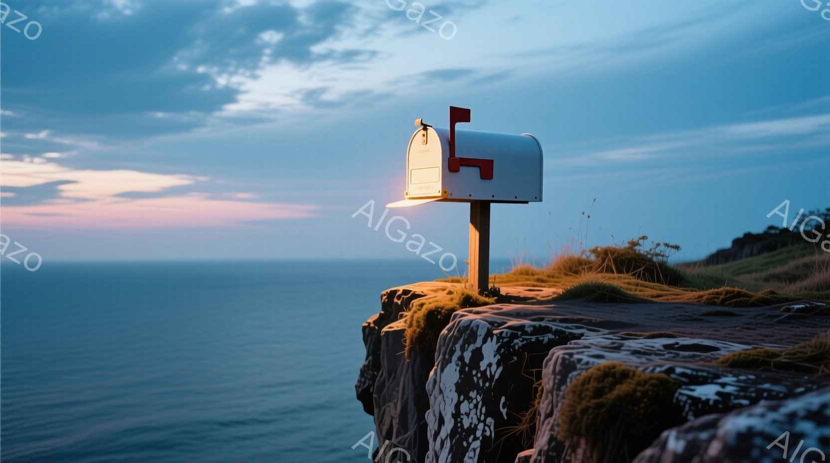 海を見下ろす崖の上に、白い郵便ポストが設置されている。崖は苔むし、草が生えており、海は穏やかで、空は夕焼けのオレンジと青が混ざり合っている。全体的に静かで、少し寂しげな雰囲気が漂っている。