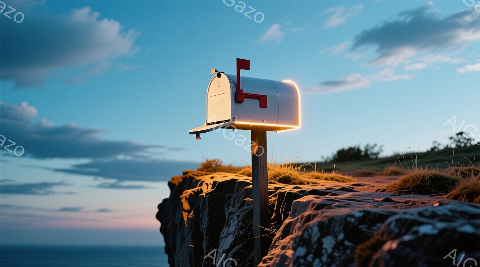 海岸の崖の上に、白い郵便受けが設置されています。夕暮れ時の空は、青からオレンジ、ピンクへとグラデーションを描き、崖には緑色の草が生い茂っています。穏やかで静謐な雰囲気で、遠くには青い海が見えます。