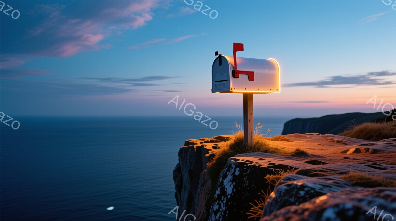 海を見下ろす崖の上に、赤と白の郵便ポストが設置されている。夕暮れ時の空は淡いピンクと青のグラデーションで、海面には穏やかな光が反射している。崖は岩肌がむき出しになり、緑色の草が生えているため、自然の力強さと静けさを感じさせる。