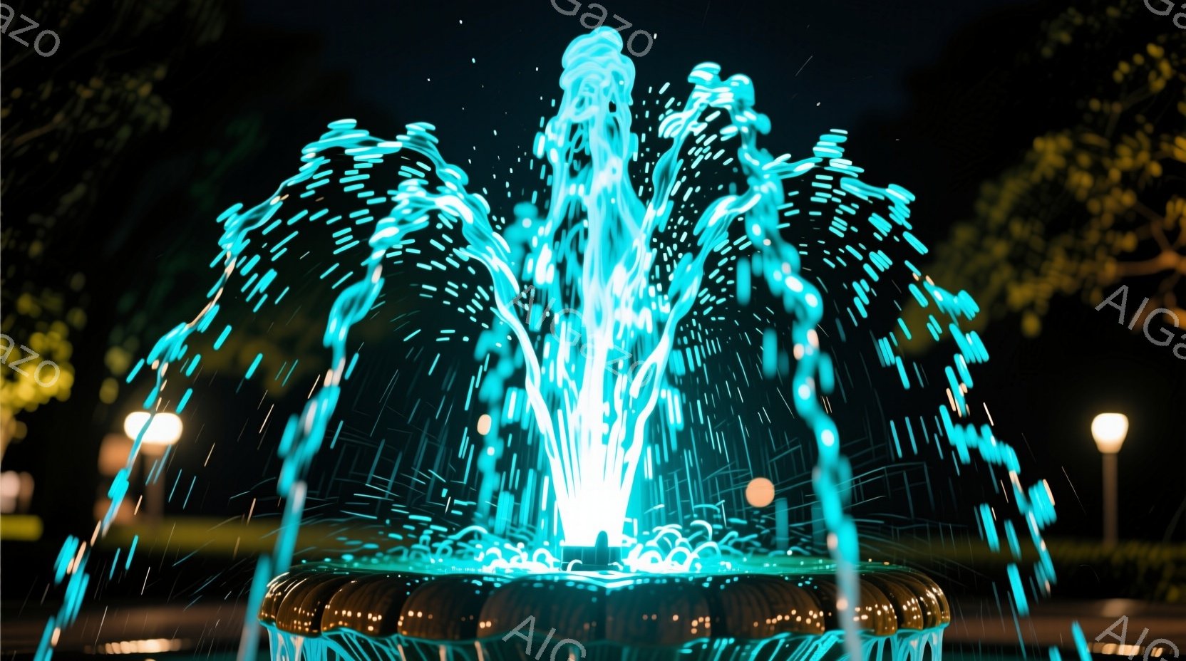 夜間の噴水が鮮やかな青色にライトアップされ、水しぶきが夜空に舞い上がっている様子が捉えられています。噴水の周りには、控えめな光を放つ街灯が見え、背景には緑豊かな木々がシルエットとして浮かび上がっています。全体的に幻想的で静謐な雰囲気が漂い、夜の公園の美しさを際立たせています。