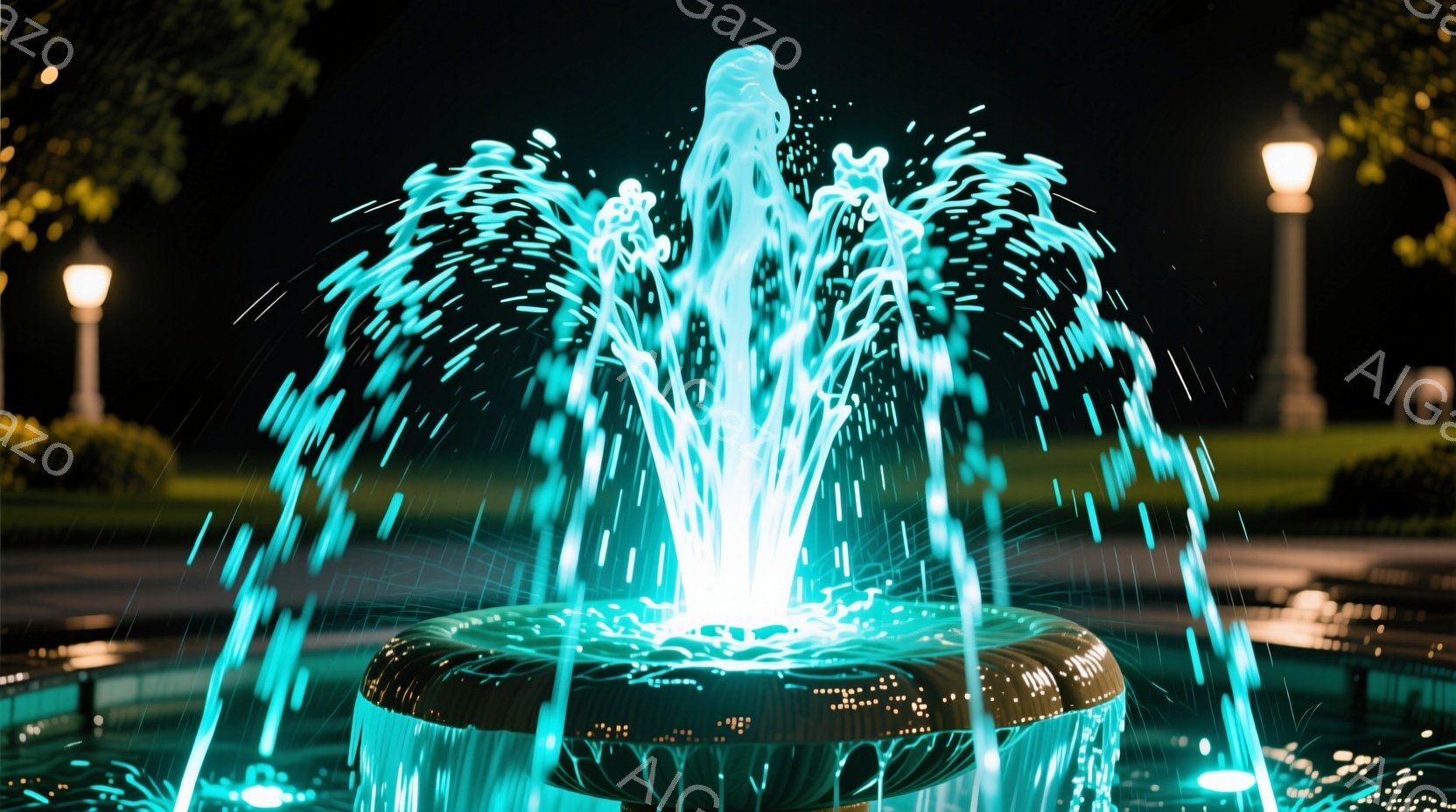 夜間に撮影された噴水が、鮮やかな青い光を放ちながら勢いよく水柱を上げている様子が捉えられている。噴水の周囲には暗い影が広がり、背景には街灯と緑豊かな木々が見える。全体的に幻想的で静寂な雰囲気が漂っている。
