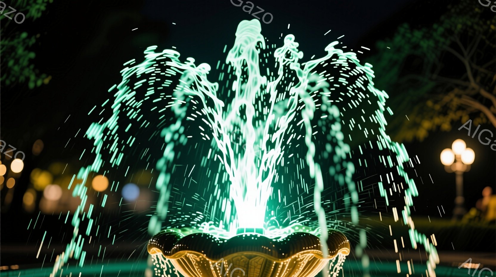 夜間に撮影された噴水が、鮮やかな緑色の光を放ちながら水しぶきを上げています。噴水の台座は暗く、周囲にはぼやけた街灯と木々が見え、静かで幻想的な雰囲気を醸し出しています。水しぶきが光を受けて輝き、夜空に散らばる様子が印象的です。