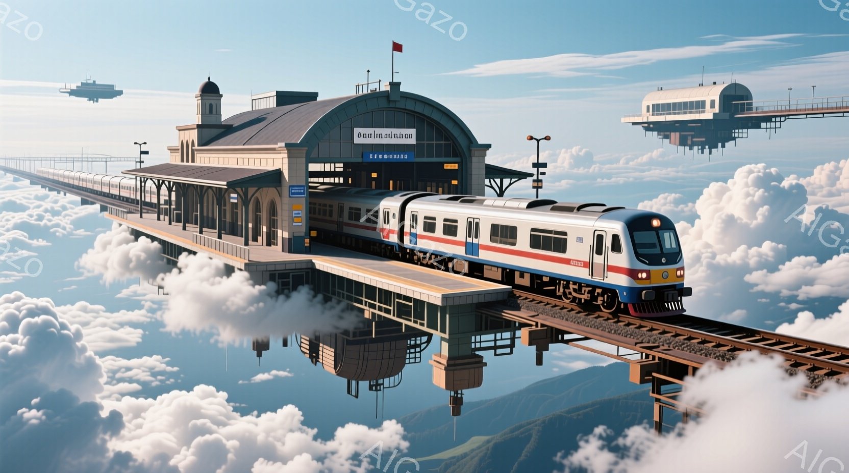 白い雲海の上に浮かぶ鉄道駅と列車が印象的な光景です。駅はクラシカルな建築様式で、赤い旗が掲げられています。遠くにも雲の上に浮かぶ別の駅が見え、幻想的な雰囲気を醸し出しています。 - AI生成フリー素材