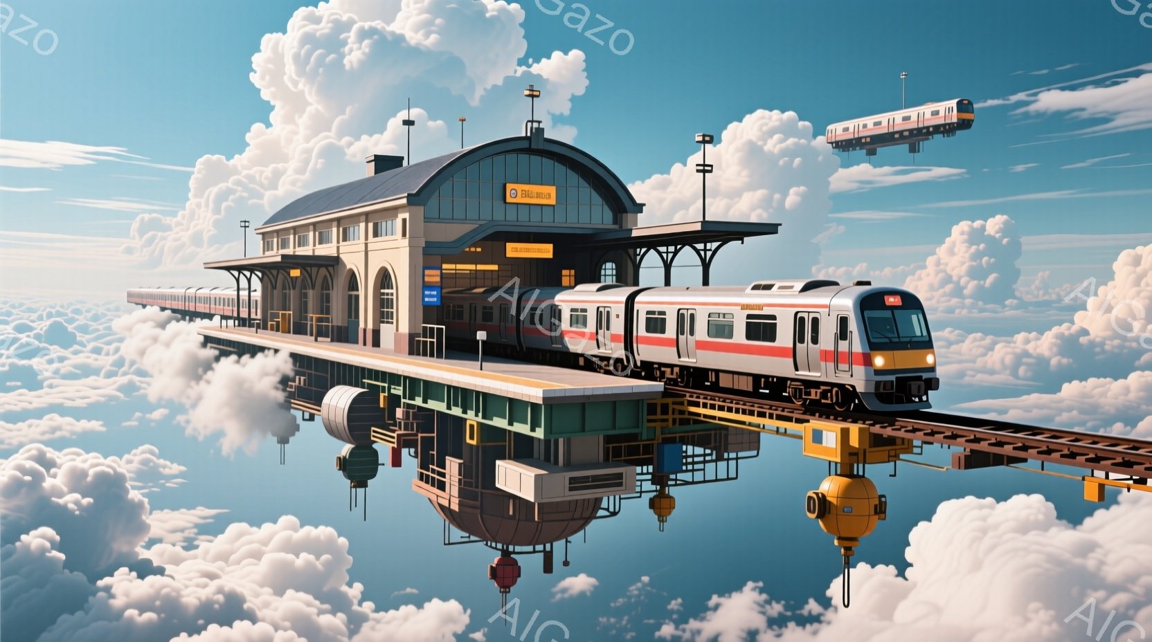 空中に浮かぶ駅が描かれており、クリーム色と深い赤色の列車が線路を走っている。駅は高いアーチ型の屋根を持ち、線路の下には雲海が広がっている様子が映し出されている。全体的に夢幻的で、どこか懐かしい雰囲気が漂う。