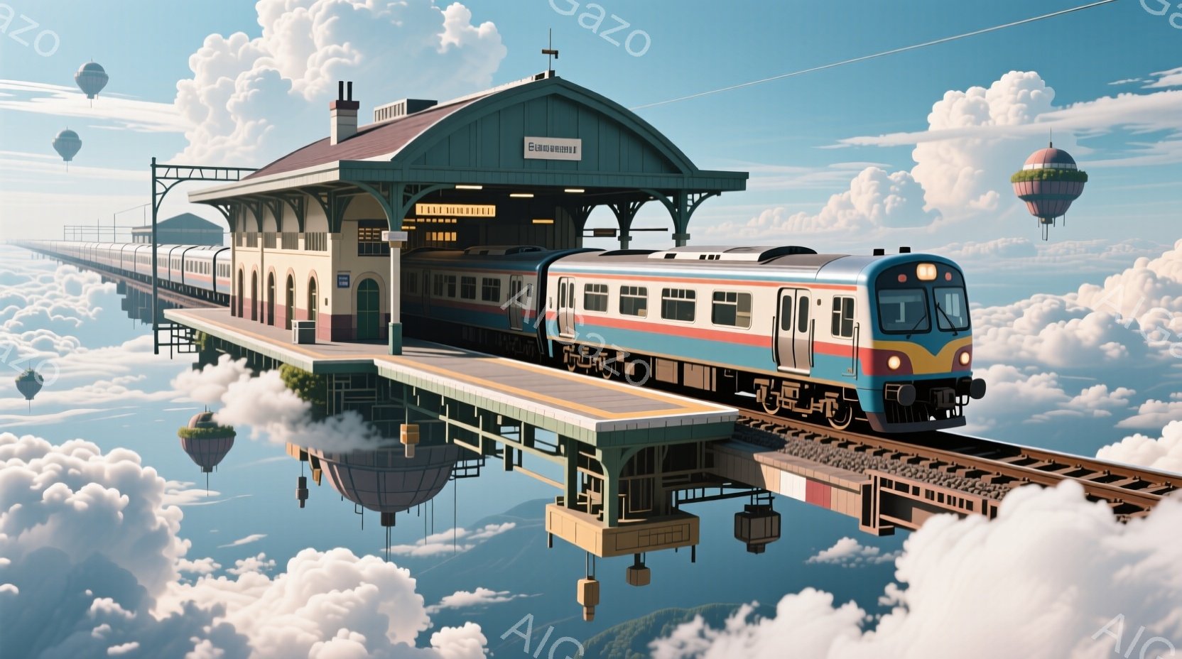 空中に浮かぶ線路と駅舎が印象的な風景です。駅舎はレトロなデザインで、オレンジと白の配色が特徴的です。周囲には雲が広がり、遠くには風船のような物体がいくつか浮かんでおり、幻想的な雰囲気を醸し出しています。