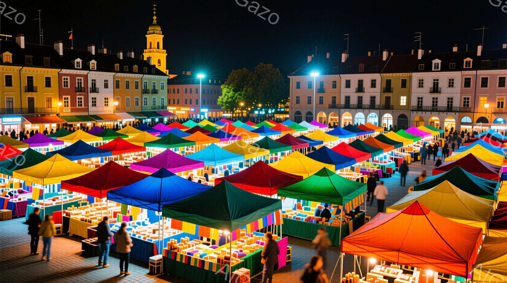 広場には色とりどりの屋台が密集し、活気に満ちた夜の市場の様子が描かれています。人々は屋台の周りを歩き回り、商品を選んだり、会話を楽しんだりしています。背景には、歴史的な建物が立ち並び、夜空には星が輝き、全体的に賑やかで華やかな雰囲気です。