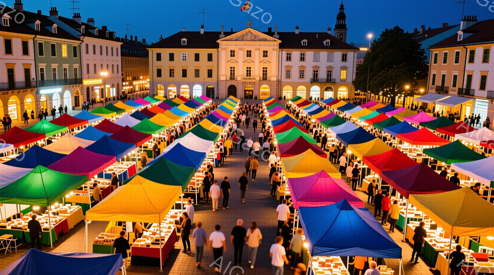 広場には色とりどりの屋台が整然と並び、多くの人々が賑やかに歩き回っている。人々はカジュアルな服装で、表情は楽しげで、屋台の商品を眺めたり、友人や家族と談笑したりしている様子が伺える。背景には、歴史的な建物が立ち並び、夜空にはわずかな雲が見え、活気がありながらも落ち着いた雰囲気が漂っている。