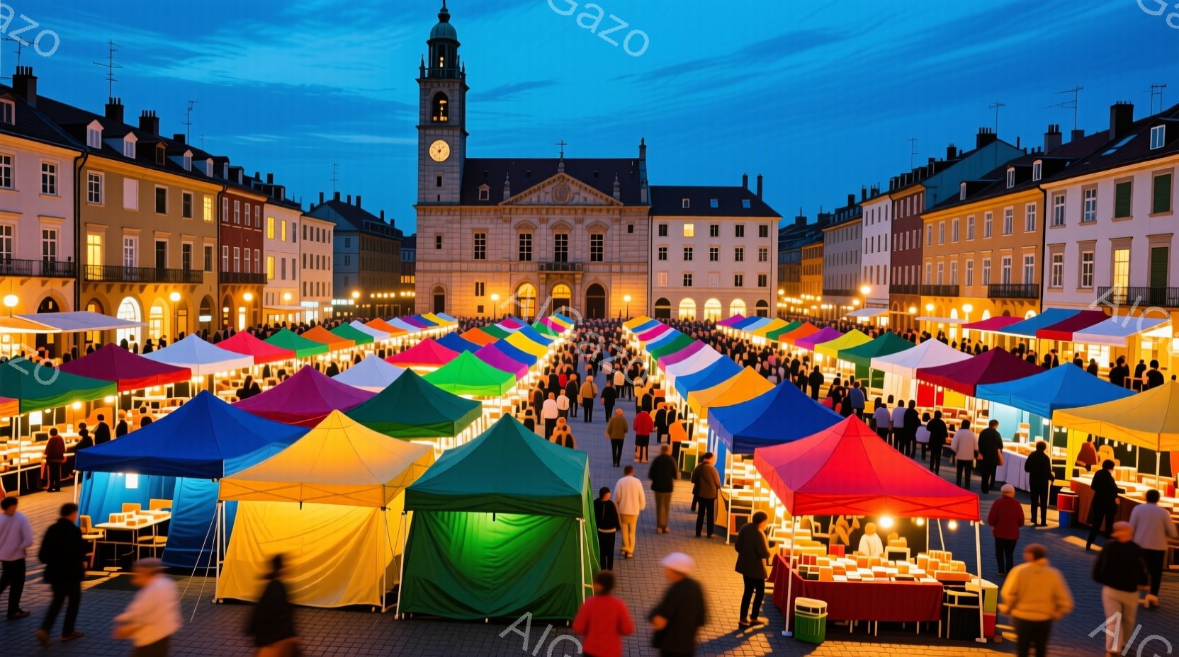 広場には色とりどりの屋台が並び、多くの人々が楽しんでいる様子が伺える。人々はカジュアルな服装で、談笑したり、屋台の商品を眺めたりしている。背景には歴史的な建物が立ち並び、夕暮れ時の空が広がり、活気のあるお祭りやイベントの雰囲気を醸し出している。