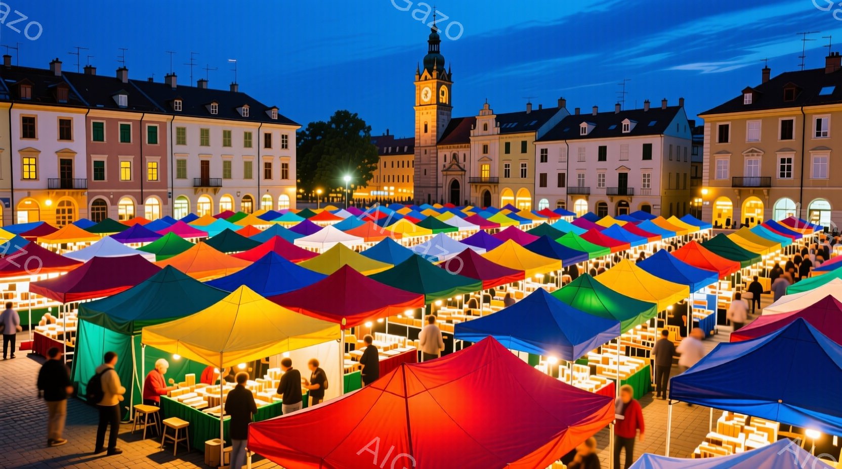 広場には色とりどりのパラソルが並び、まるで活気ある市場の様子が広がっています。人々はパラソルの下で商品を見たり、談笑したりしており、暖かい光に包まれた夜のイベントの雰囲気が伝わってきます。背景には歴史的な建物が立ち並び、青い空と相まって、幻想的で魅力的な光景を作り出しています。