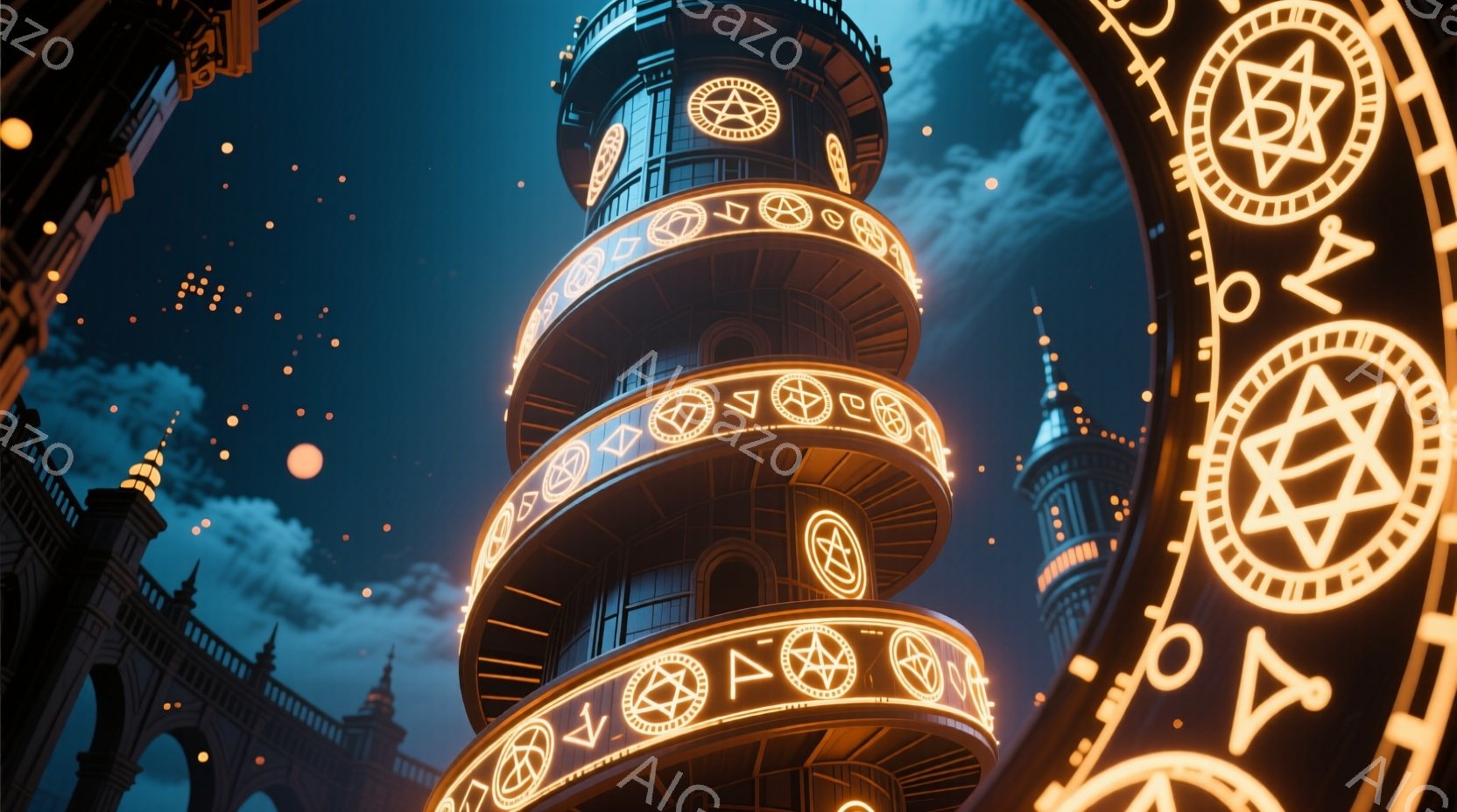 夜空を背景に、複雑な装飾が施された螺旋状の高塔が描かれている。塔の各階には、光る神秘的なシンボルが配置され、建物全体が幻想的な雰囲気を醸し出している。空には星が散りばめられ、塔のシルエットと相まって、魔法や冒険の世界を彷彿とさせる。