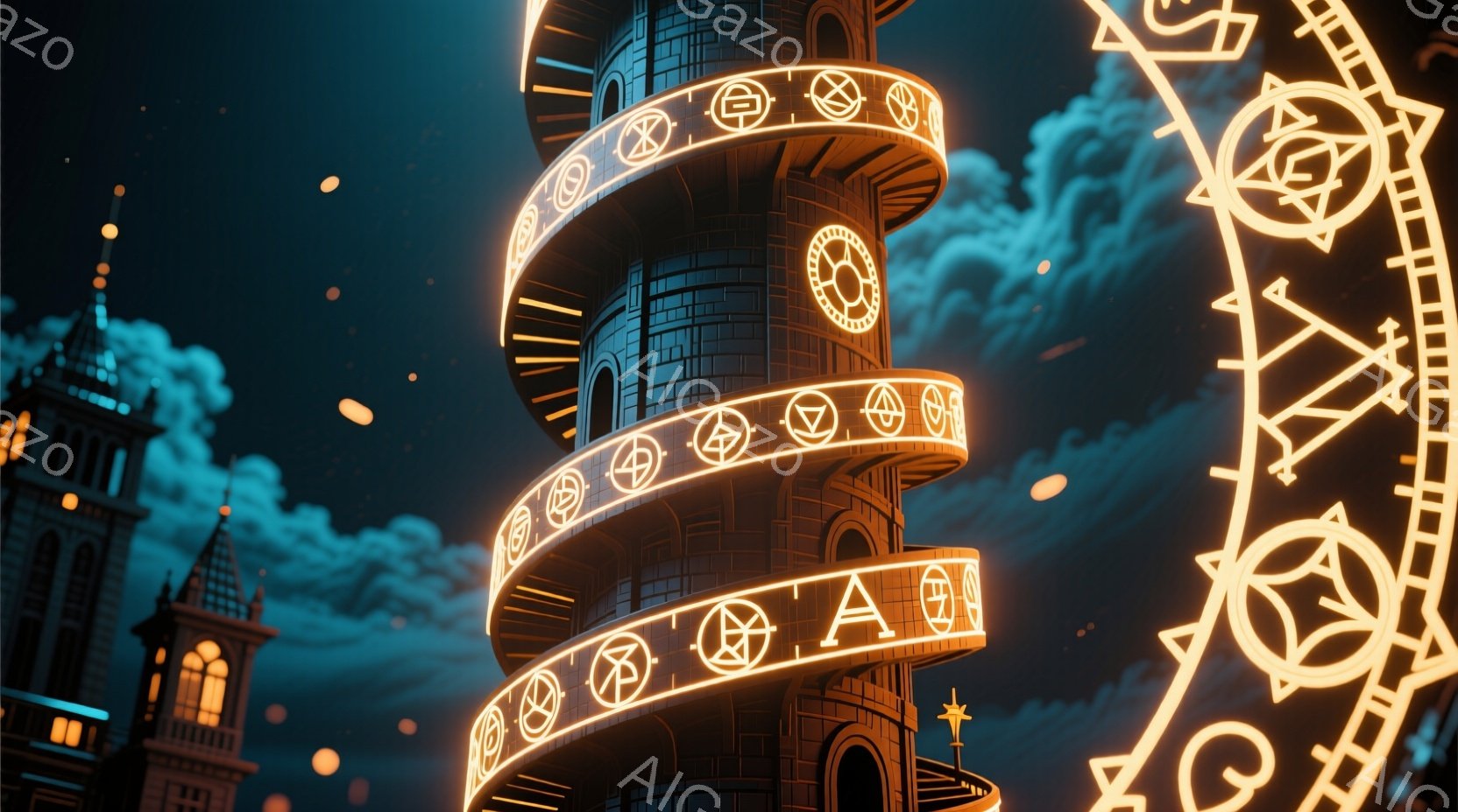 鮮やかな青色の空を背景に、複雑な紋様が刻まれたオレンジ色の塔が螺旋状に伸びています。塔には独特な記号が光り輝き、夜空には星のような光が散りばめられています。 全体的に神秘的で幻想的な雰囲気が漂い、どこか中世の魔法都市を思わせる光景です。