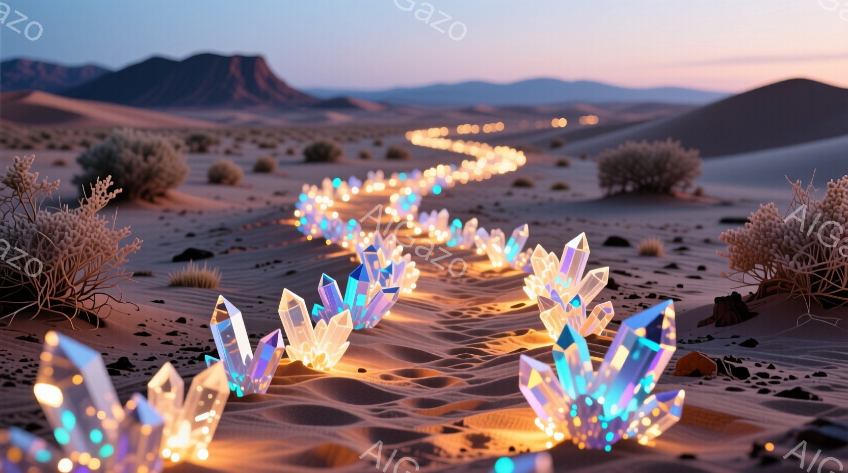 砂漠の中に、発光するクリスタルの列が印象的な風景が広がっている。遠景には岩山が連なり、薄暗い空の下、乾燥した植物が点在している。クリスタルの優しい光が、砂漠の荒涼とした雰囲気に幻想的な彩りを添えている。