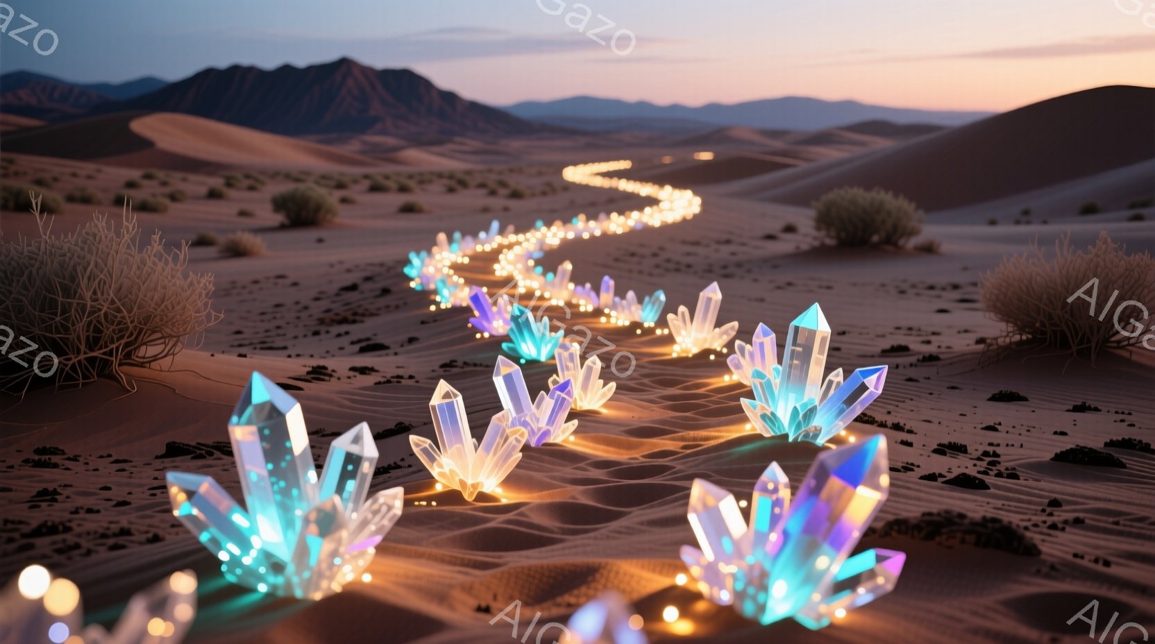砂漠の中に、光り輝くクリスタルの群れが不規則に並び、まるで導きの光のように蛇行する道を照らしている。背景には、なだらかな砂丘と、夕焼けに染まる空が広がり、神秘的で幻想的な雰囲気を醸し出している。クリスタルの光と砂漠の風景が融合し、まるで別世界の景色が広がっているようだ。