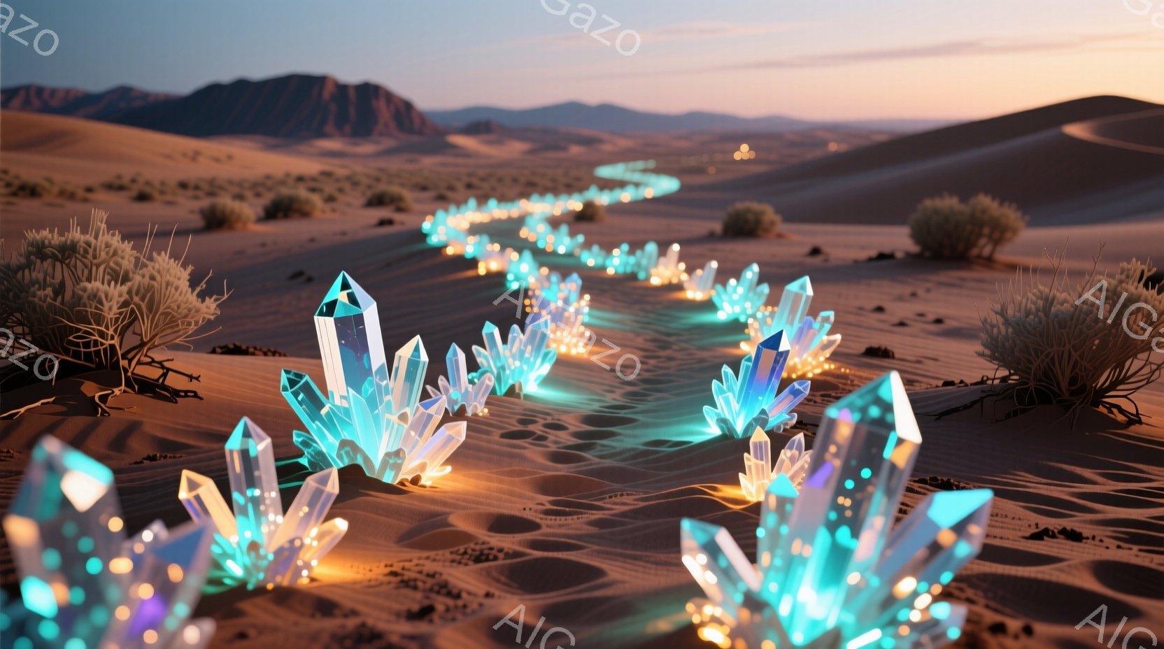 広大な砂漠の中に、青緑色に光る結晶が点々と並び、まるで光の道が伸びているかのような幻想的な光景が広がっている。背景には、霞んだ山々が連なり、夕焼け空が砂漠を温かい色で染め上げている。全体として、静寂と神秘的な雰囲気が漂う、息をのむような美しい風景である。