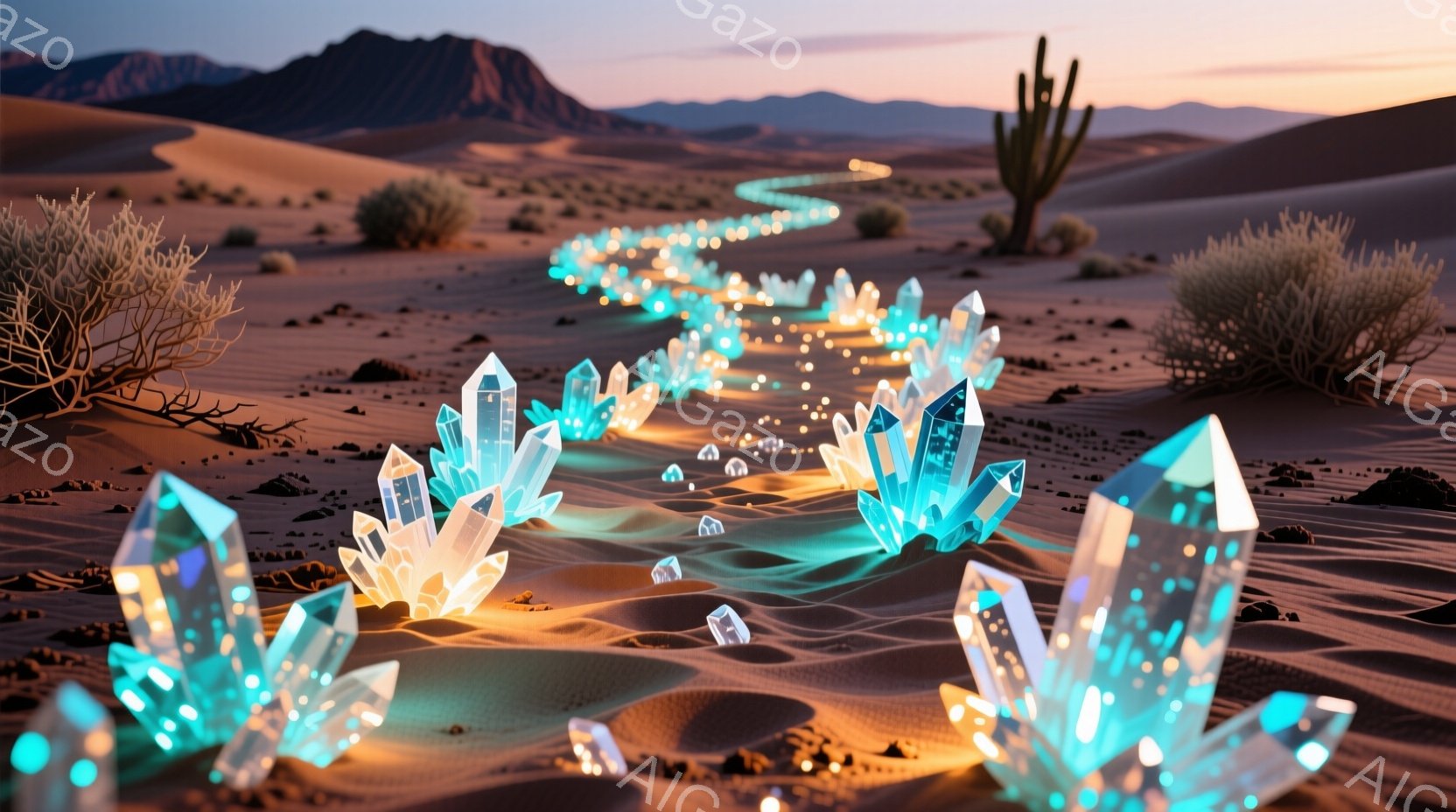 砂漠の風景が広がっており、地平線には山脈が見える。地面には青く光るクリスタルのようなオブジェクトが点在し、それらが線状に並んで遊歩道のようなものを作っている。夕暮れ時の空が、砂漠に暖かい光を投げかけ、神秘的で幻想的な雰囲気を醸し出している。