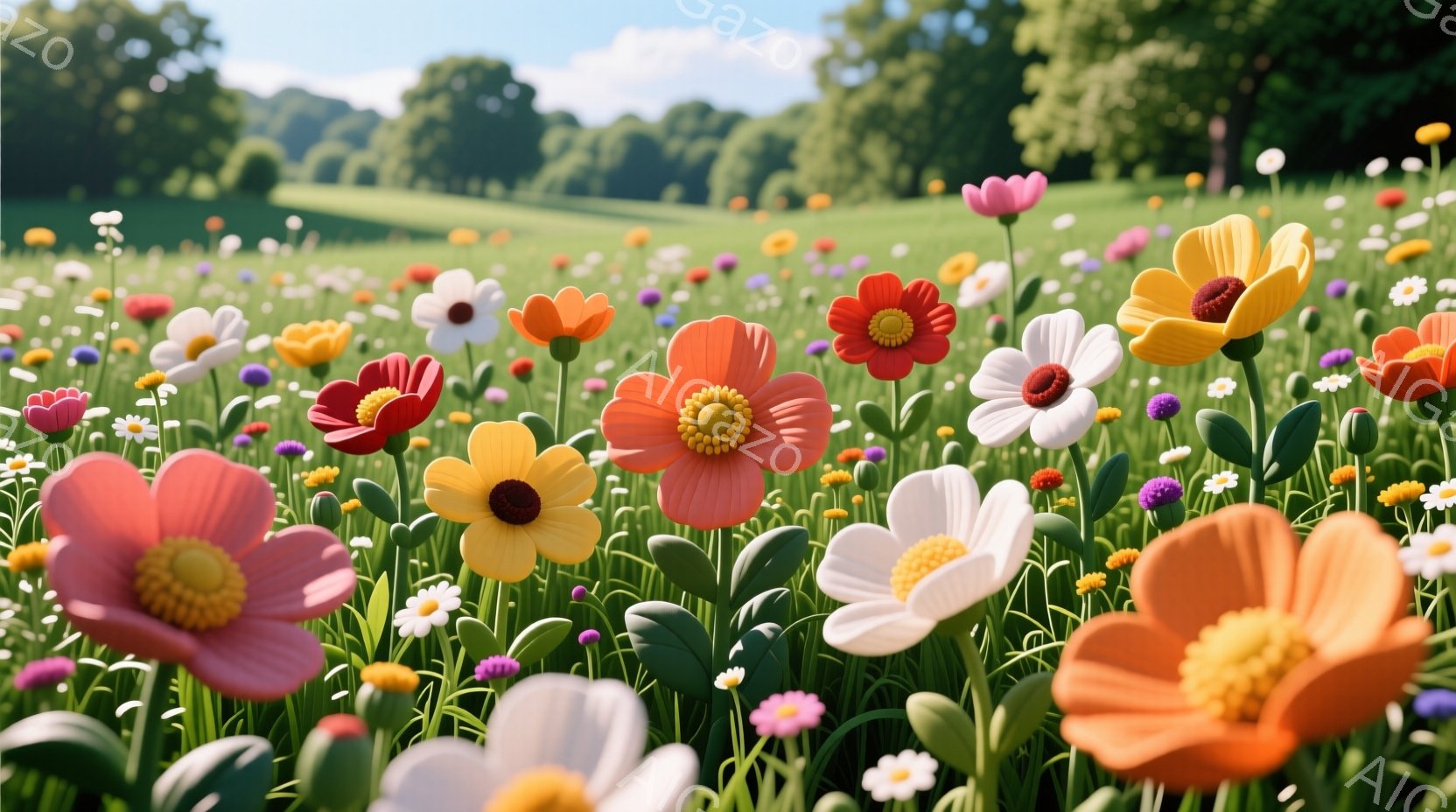 広大な緑の草原に、色とりどりの花々が密集して咲き乱れている様子が描かれている。鮮やかな赤、オレンジ、白、黄色、紫の花々が、まるで絵の具を散りばめたように咲き誇り、その鮮やかさが目に飛び込んでくる。背景には穏やかな緑の丘と、かすかに見える木々が広がり、晴天の下、平和で明るい雰囲気が漂っている。