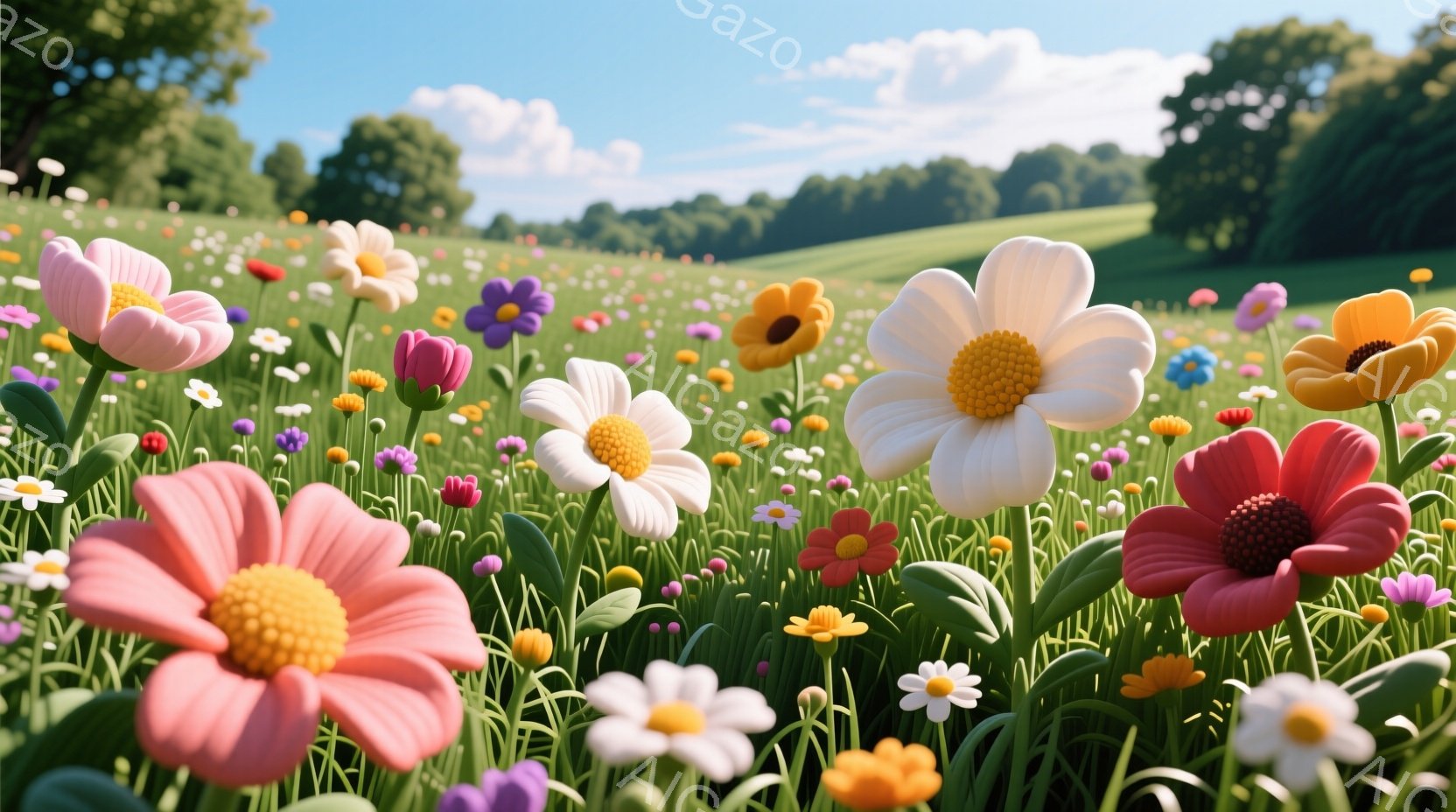 広大な緑の草原に、色とりどりの大きな花々が咲き乱れている様子が描かれています。ピンク、白、紫、オレンジなど、鮮やかな色彩の花々が密集し、明るい日差しの中で生き生きと輝いています。背景には緑豊かな丘陵地 - AI生成フリー素材