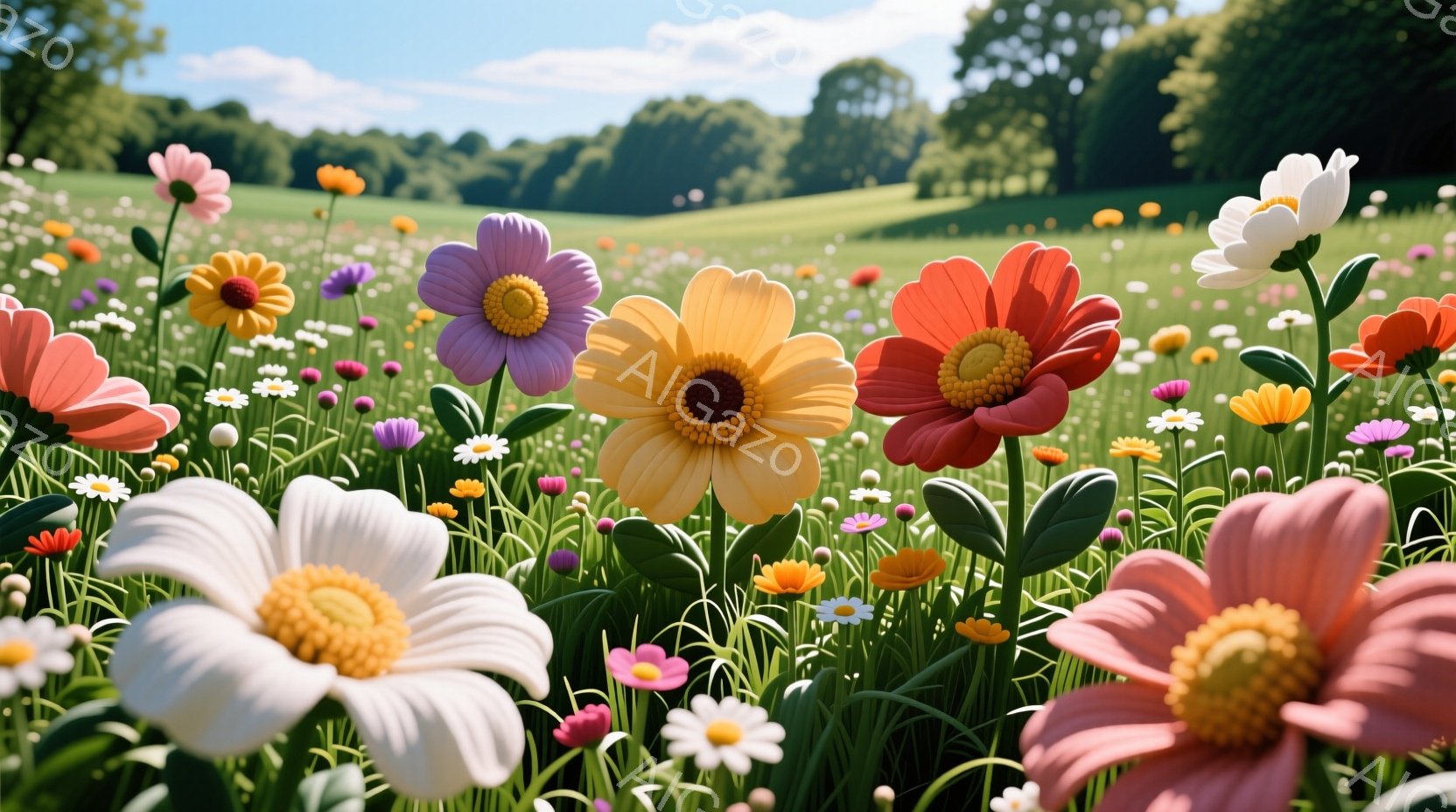 色とりどりの大きな花々が広大な緑の草原に咲き乱れている様子が描かれています。花びらは立体感があり、まるで絵画のような鮮やかな色彩で、背景には遠くの木々や丘が見え、穏やかな晴天が広がっています。全体的に明るく、生き生きとした雰囲気で、春の喜びを感じさせます。