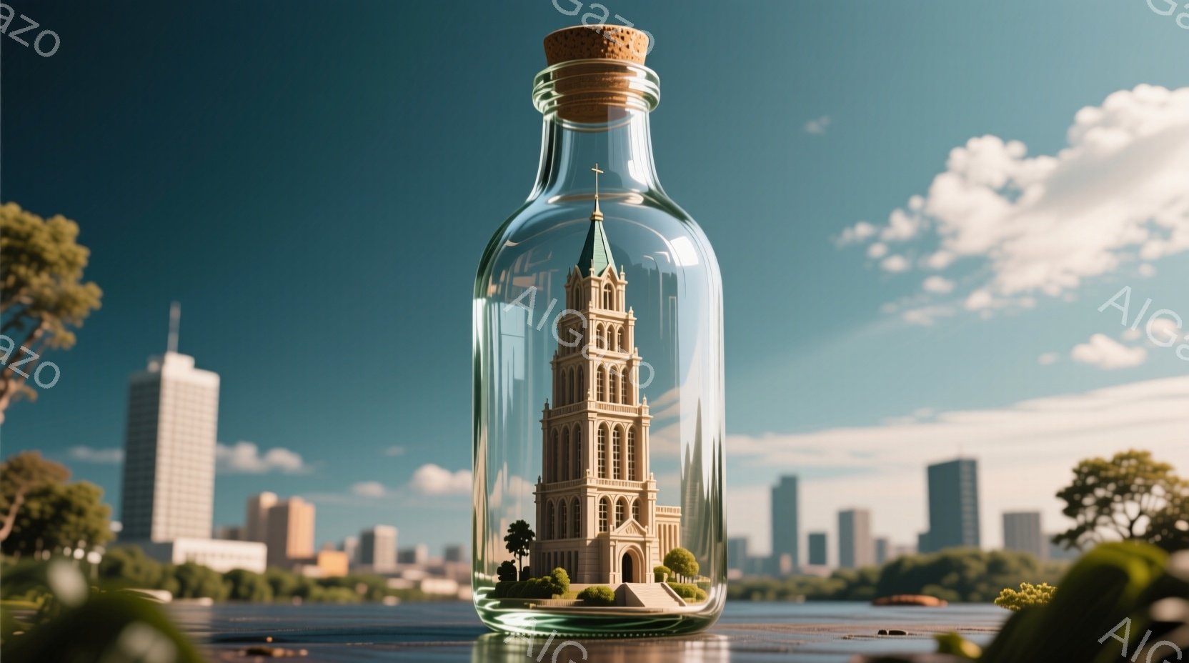 ガラス瓶の中に、壮大なゴシック様式の教会が収められています。教会の周りには緑の木々が生い茂り、背景には近代的な高層ビルが立ち並ぶ都市の景観が広がっています。空は晴れ、穏やかな雰囲気で、まるで箱庭のような、幻想的な光景です。
