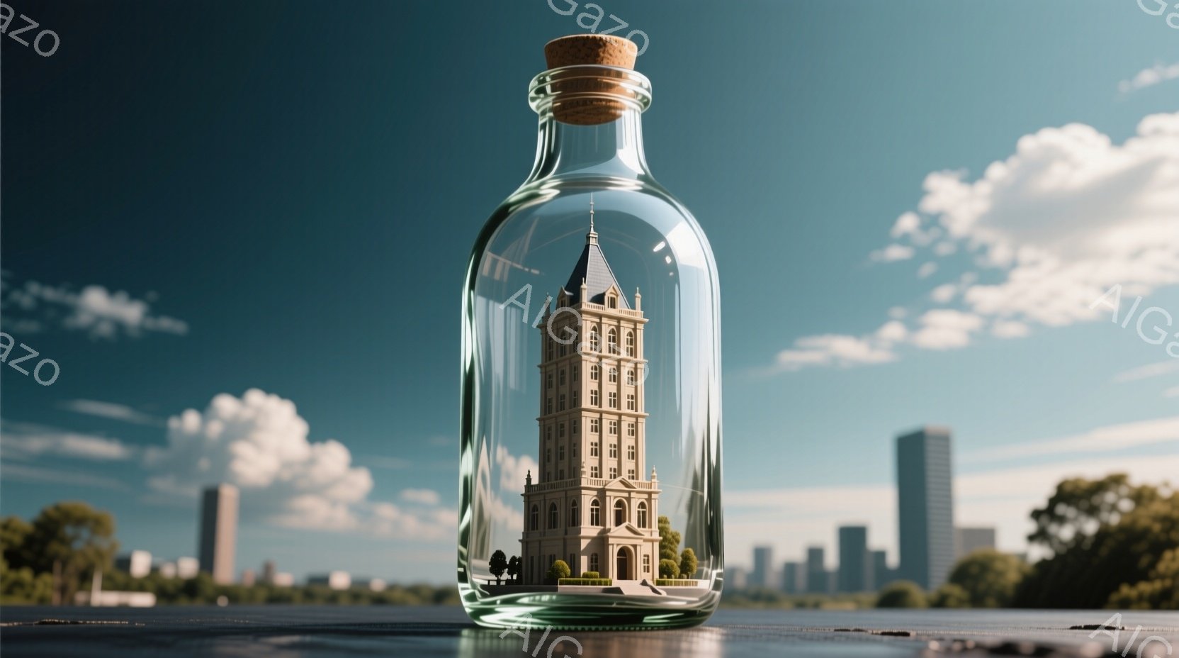 ガラス瓶の中に、精巧な城のような建物が収められています。背景には青空と白い雲、そして遠くの都市のスカイラインがぼんやりと見え、緑の草木が建物の周りを囲んでいます。全体的に、箱庭のような、夢幻的で静謐な雰囲気を醸し出しています。