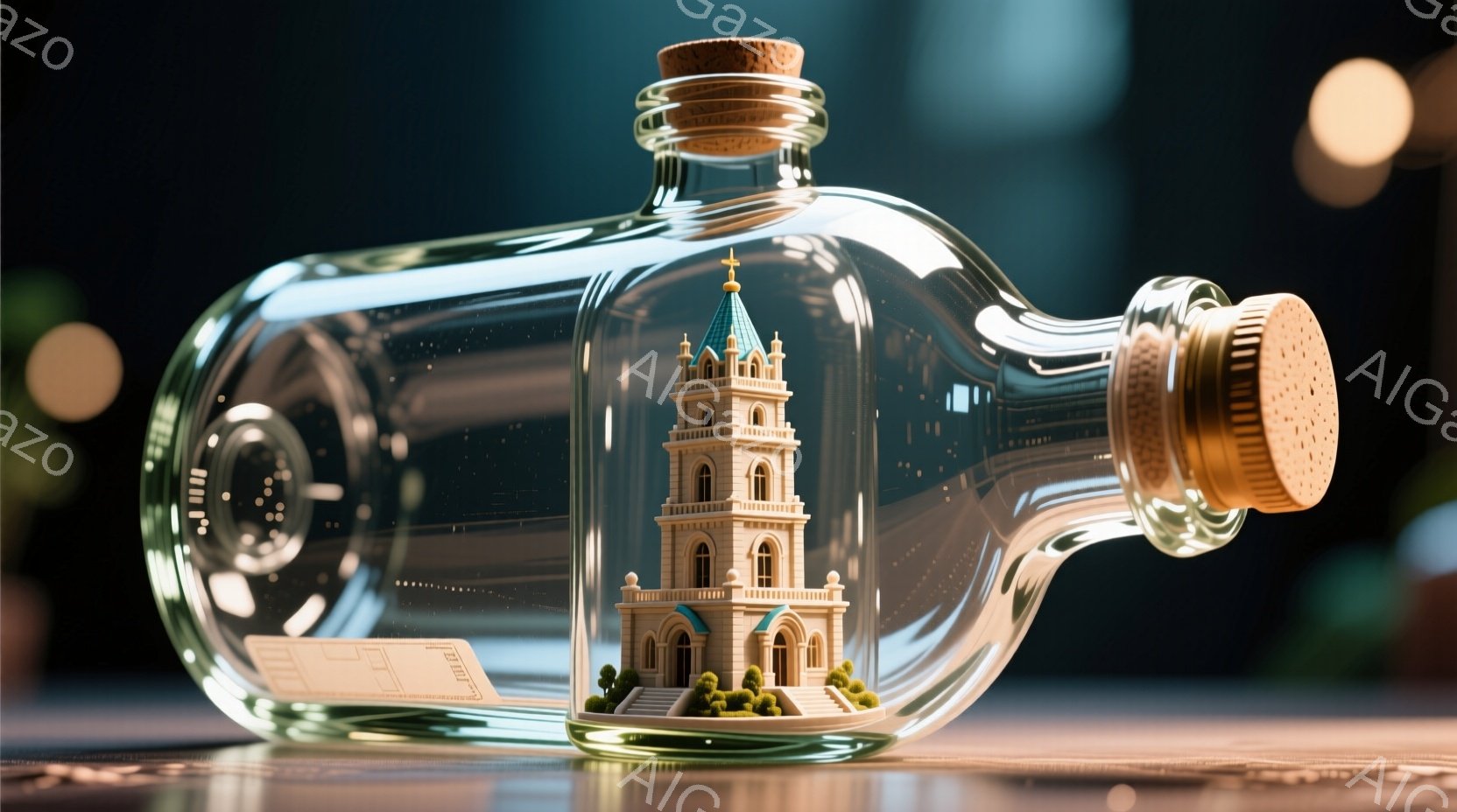 透明なガラス瓶の中に、精巧なミニチュアの塔が収められています。塔は白とクリーム色を基調とし、青い屋根がアクセントになっています。背景はぼやけており、ミニチュアの塔が際立っています。