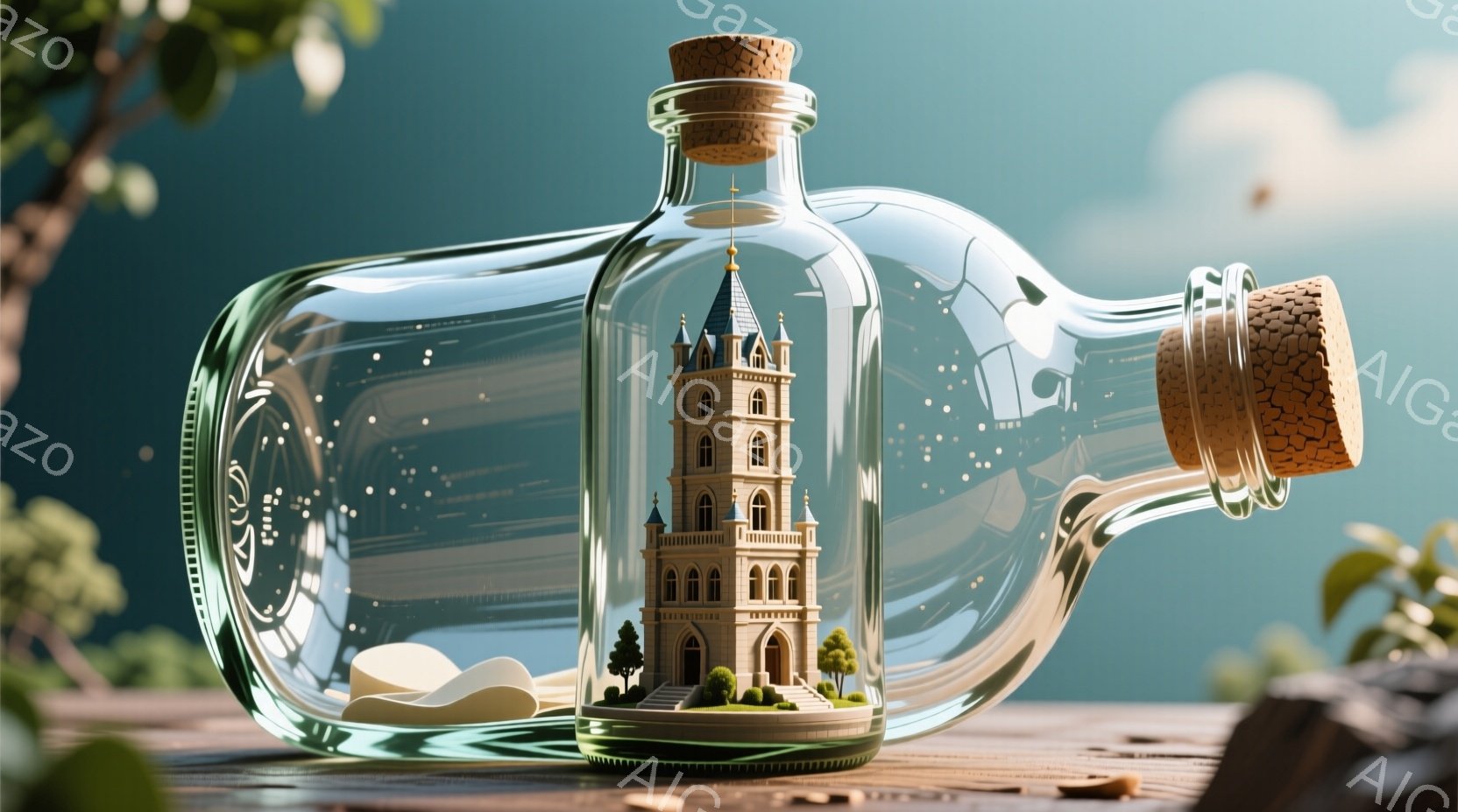 ガラス瓶の中に、白い塔と緑の草が生えた小石でできた丘が収められています。背景はぼやけた青い空で、木々の緑がわずかに見え、全体的に穏やかで夢幻的な雰囲気が漂っています。瓶は木のテーブルの上に置かれ、周囲には植物の一部が見え、自然と人工の調和が感じられます。
