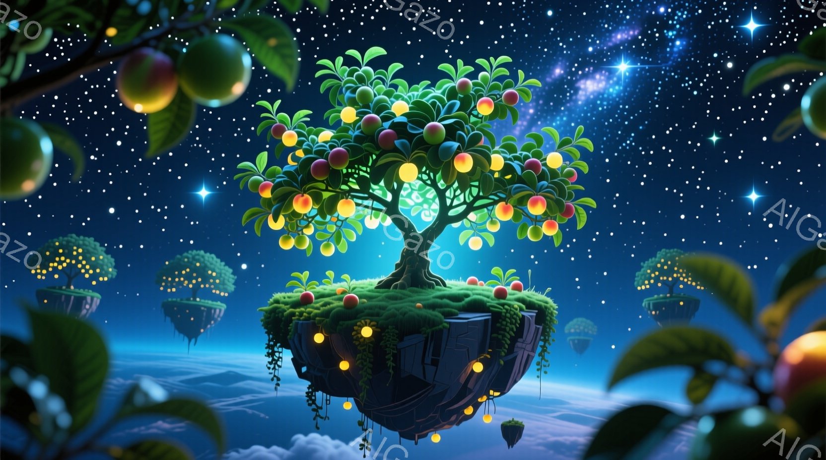 夜空を背景に、浮遊する島々が幻想的な光景を作り出している。各島には緑豊かな草が生い茂り、根を張った木々がカラフルな実を付けている。島々は淡い光を放ち、星空とのコントラストが神秘的な雰囲気を醸し出している。