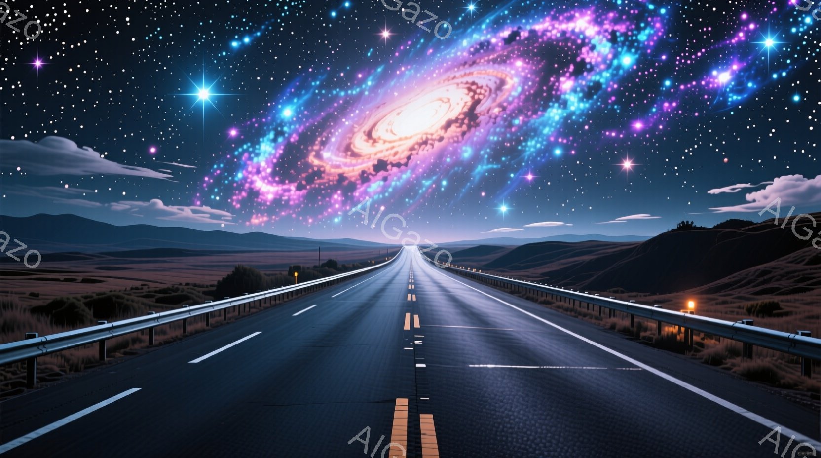 舗装された道路が遠くまで伸び、両脇に緑の丘が広がっています。空には、渦巻く銀河のような壮大な光景が広がり、星が瞬き、幻想的な雰囲気を醸し出しています。道路は暗く、夜の静けさと宇宙の神秘が感じられる、息をのむような美しい景色です。