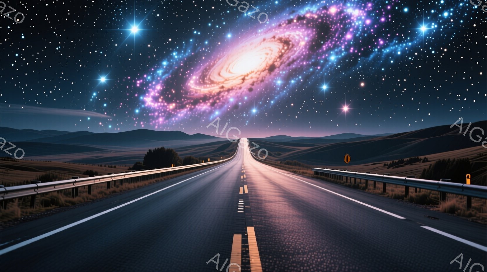 広大な草原を横切る直線的な道路が印象的な画像です。道路の遠方には、ピンクと紫の色合いが混ざり合った壮大な銀河が広がっており、夜空には無数の星が輝いています。全体的に神秘的で夢幻的な雰囲気を醸し出しており、どこか旅への憧憬を掻き立てられます。